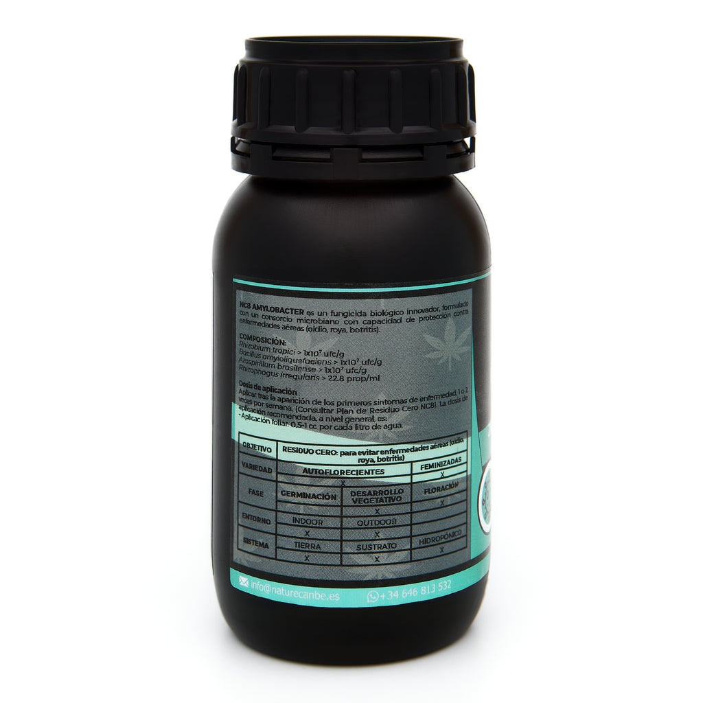 Bote negro de 250 mililitros NCB AMYLOBACTER - fungicida orgánico marca NatureCanBe – producto fungicida – etiqueta azul clarito