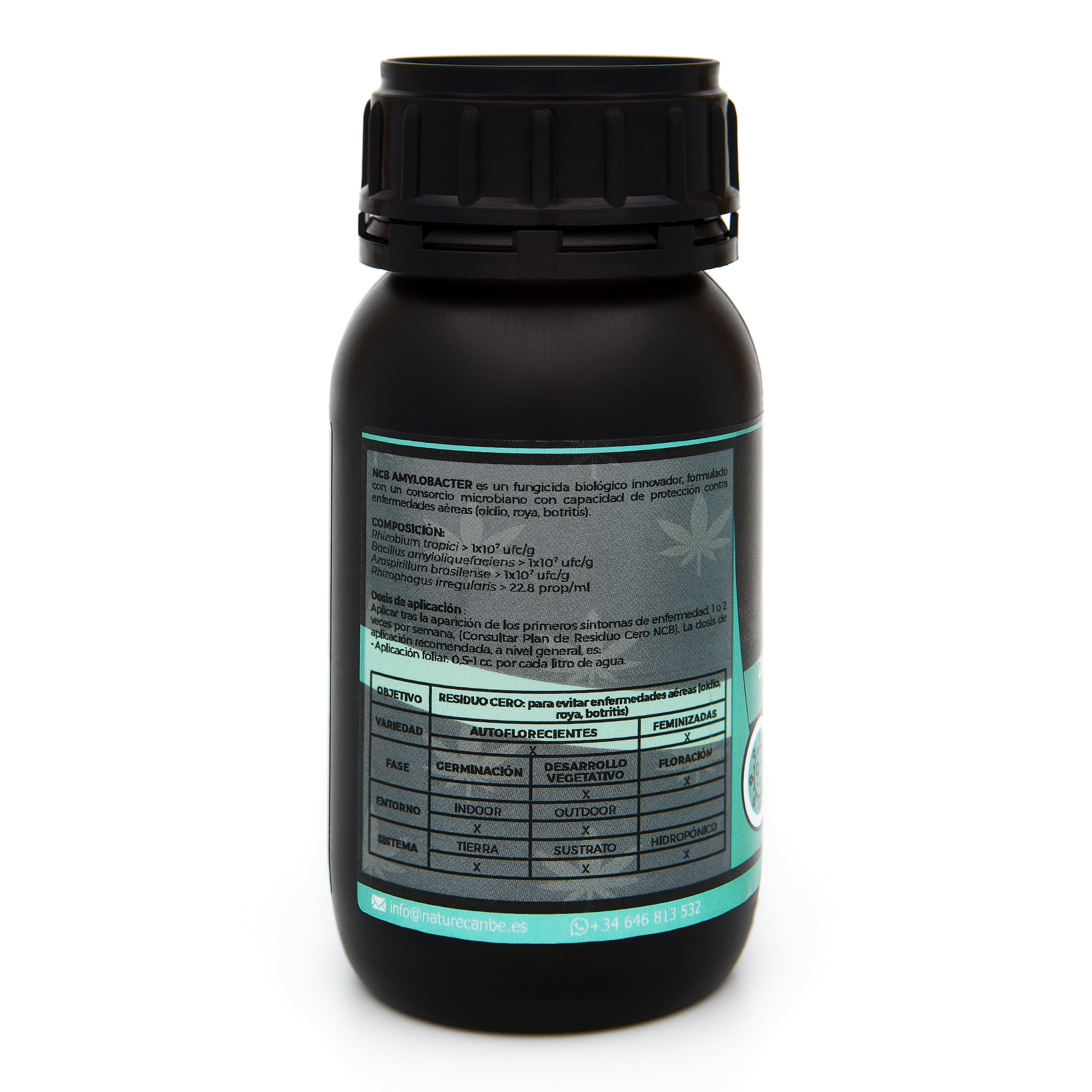 Bote negro de 250 mililitros NCB AMYLOBACTER - fungicida orgánico marca NatureCanBe – producto fungicida – etiqueta azul clarito