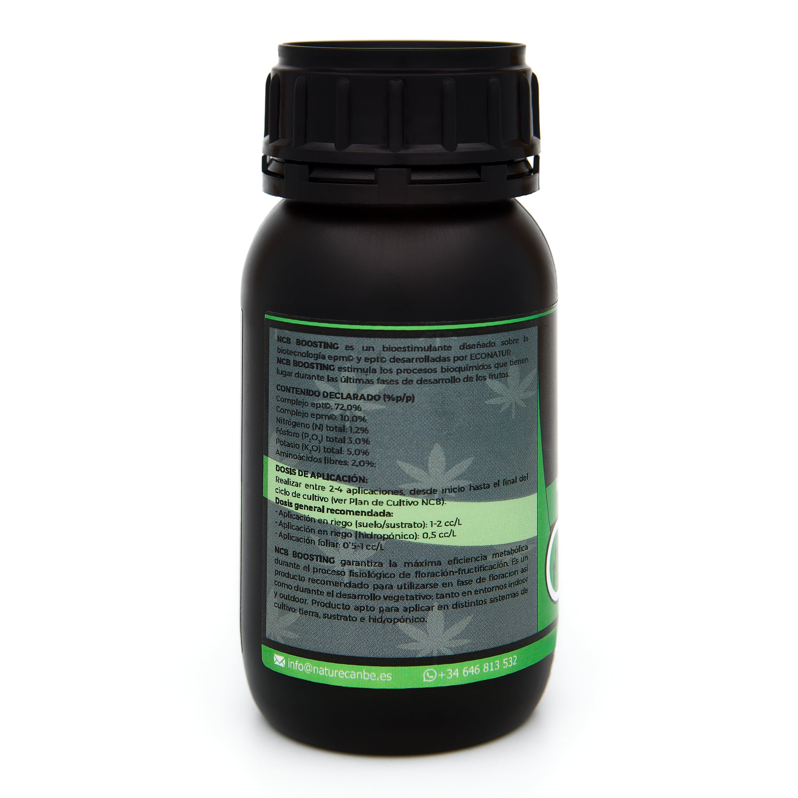 Bote negro de 250 mililitros NCB BOOSTING - producto marca NatureCanBe – producto bioestimulante orgánico – etiqueta verde