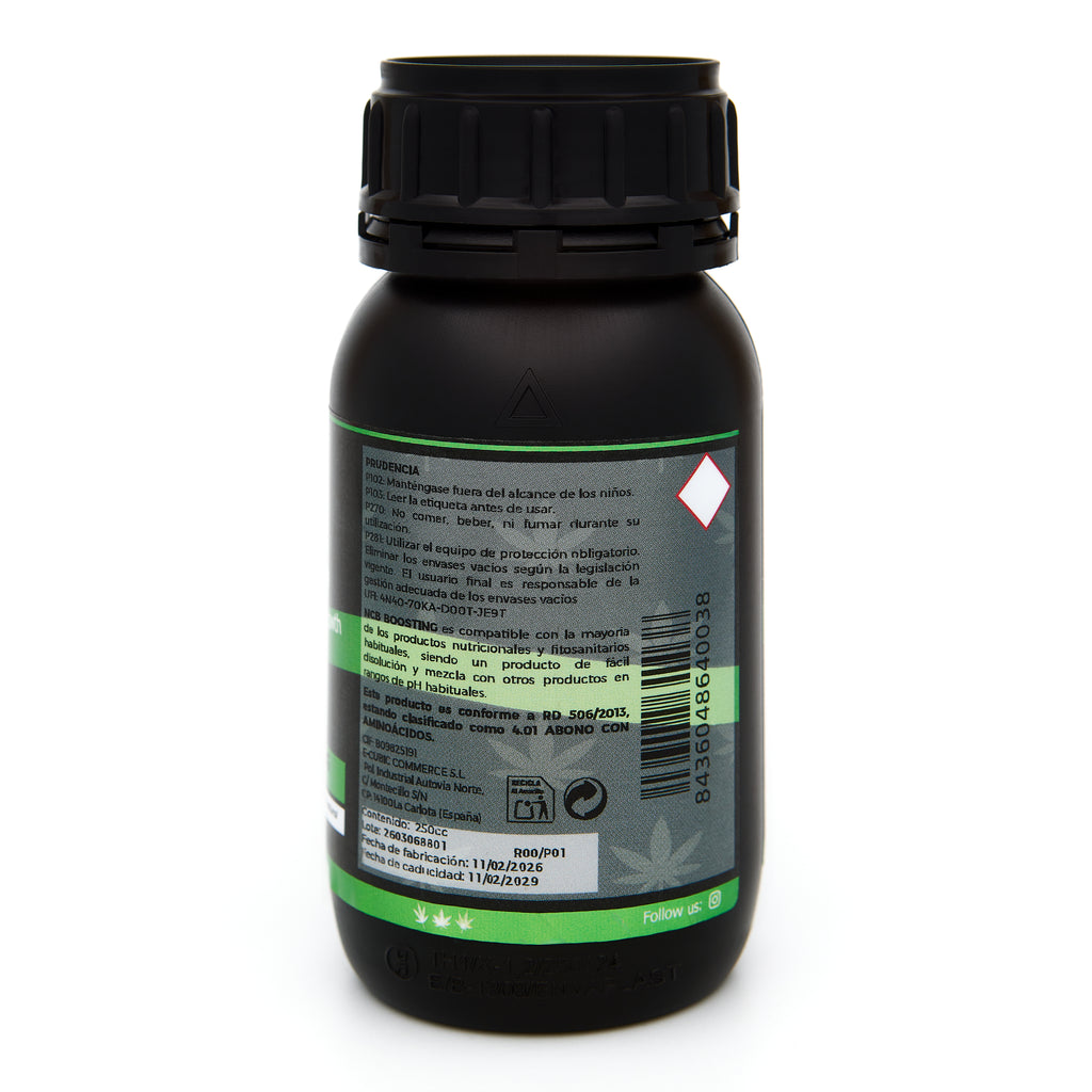 Bote negro de 250 mililitros NCB BOOSTING - producto marca NatureCanBe – producto bioestimulante orgánico – etiqueta verde