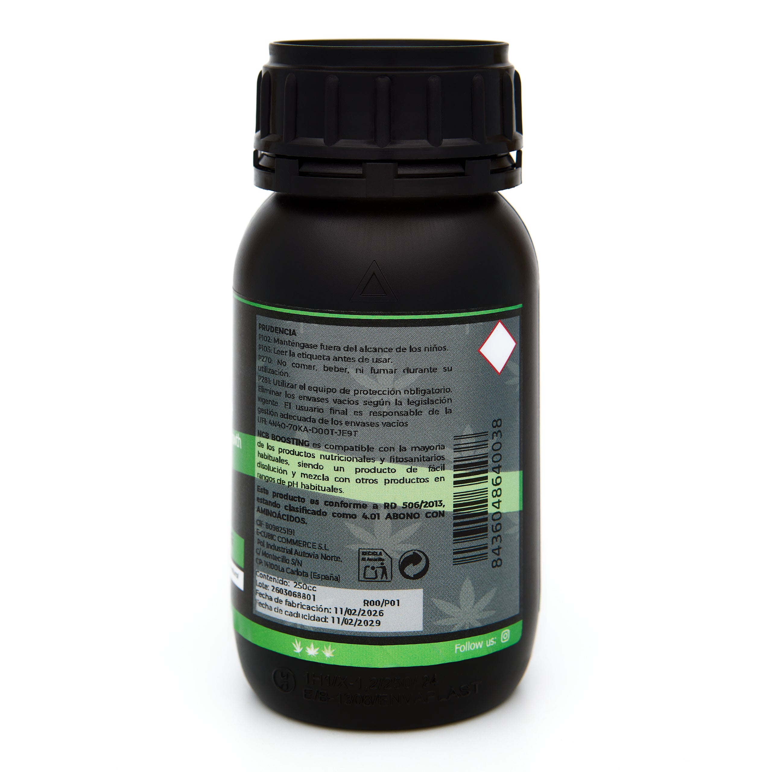 Bote negro de 250 mililitros NCB BOOSTING - producto marca NatureCanBe – producto bioestimulante orgánico – etiqueta verde
