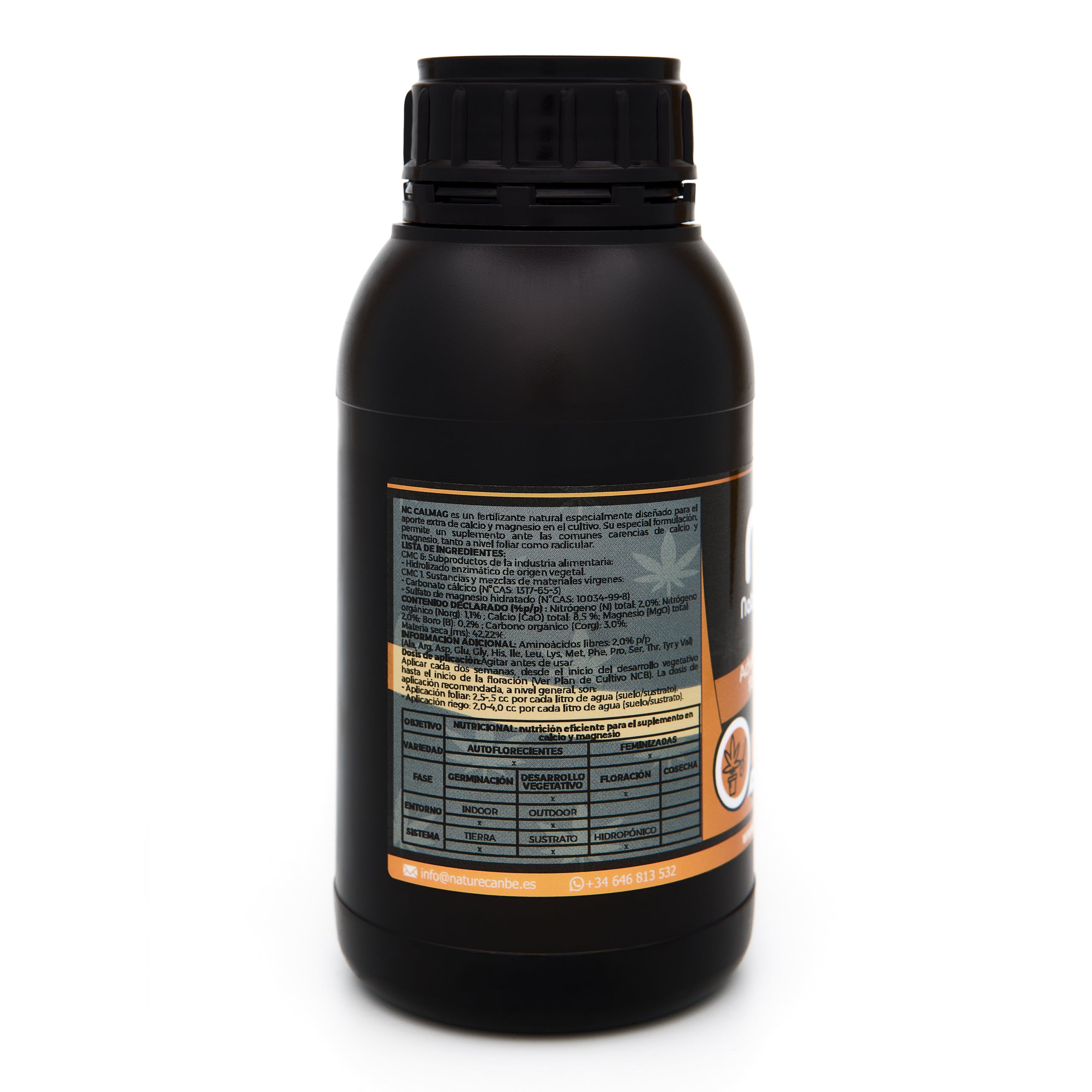 Bote negro de 500 mililitros NCB CALMAG - producto marca NatureCanBe – producto nutricional orgánico – etiqueta anaranjada