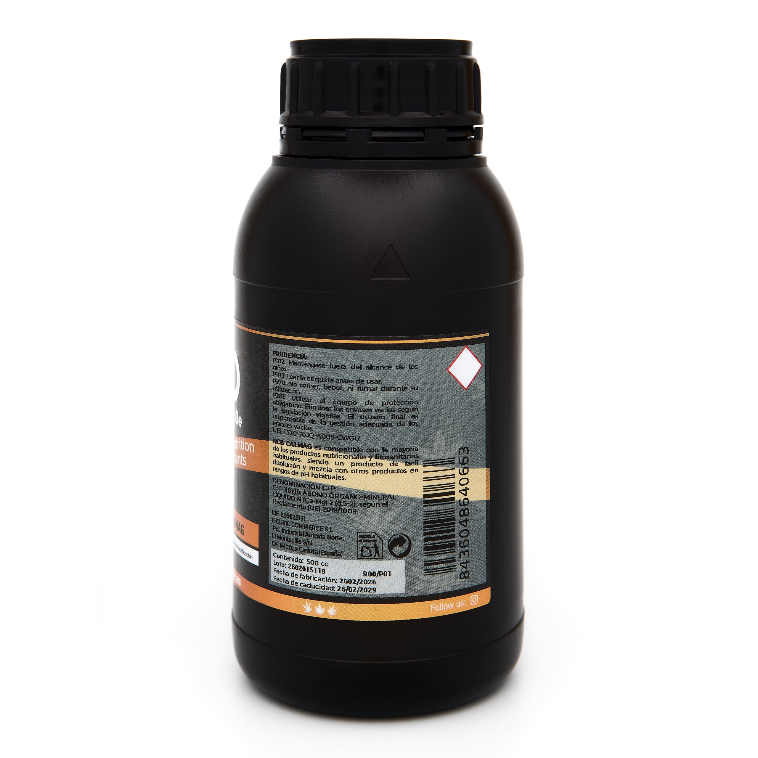 Bote negro de 500 mililitros NCB CALMAG - producto marca NatureCanBe – producto nutricional orgánico – etiqueta anaranjada