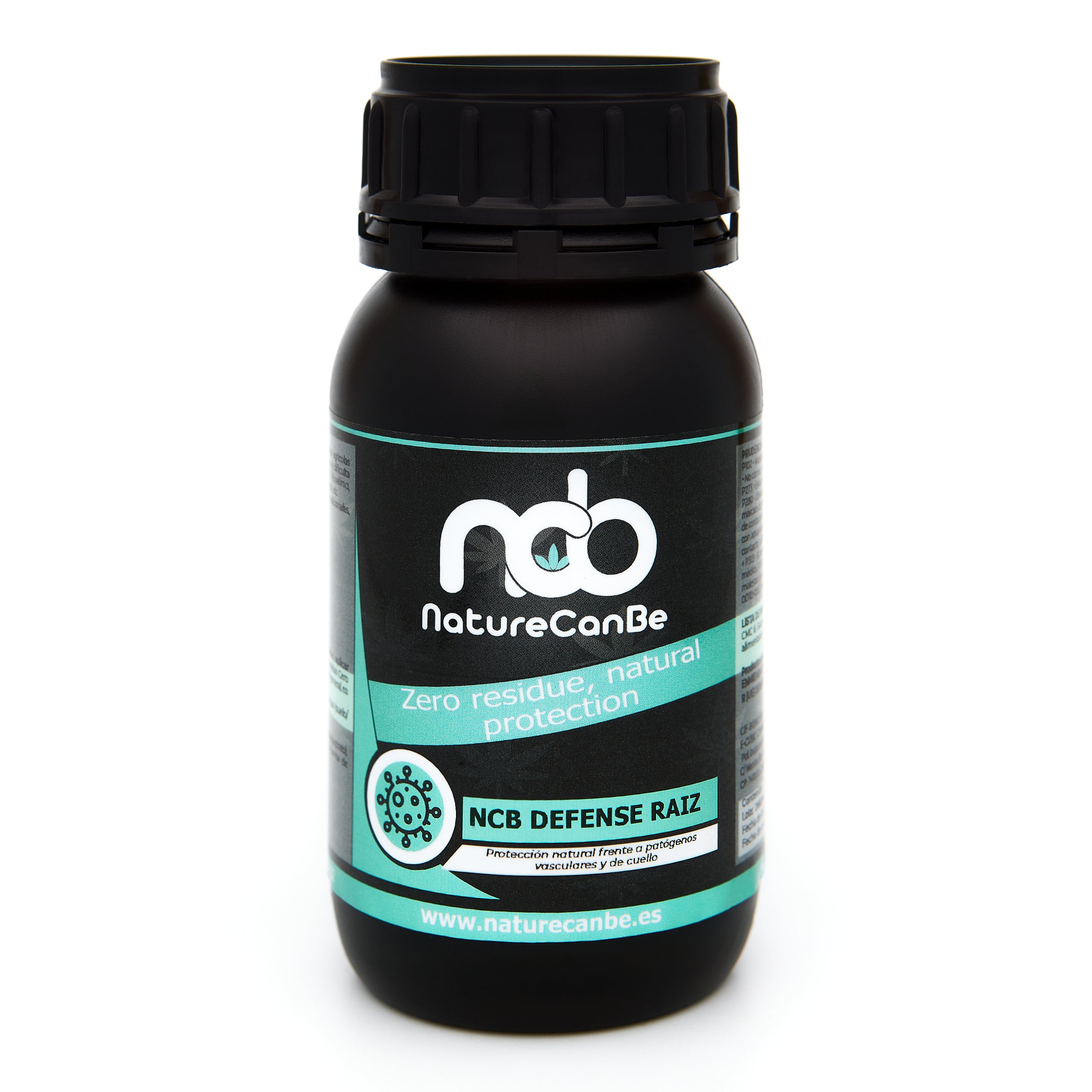 Bote negro de 250 mililitros NCB DEFENSE RAIZ - fungicida orgánico marca NatureCanBe – producto fungicida – etiqueta azul clarito