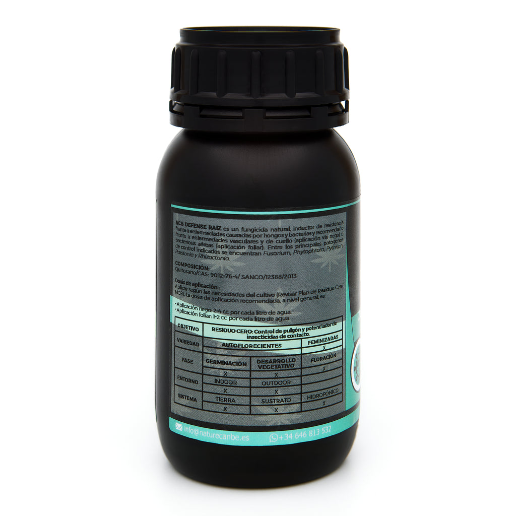 Bote negro de 250 mililitros NCB DEFENSE RAIZ - fungicida orgánico marca NatureCanBe – producto fungicida – etiqueta azul clarito