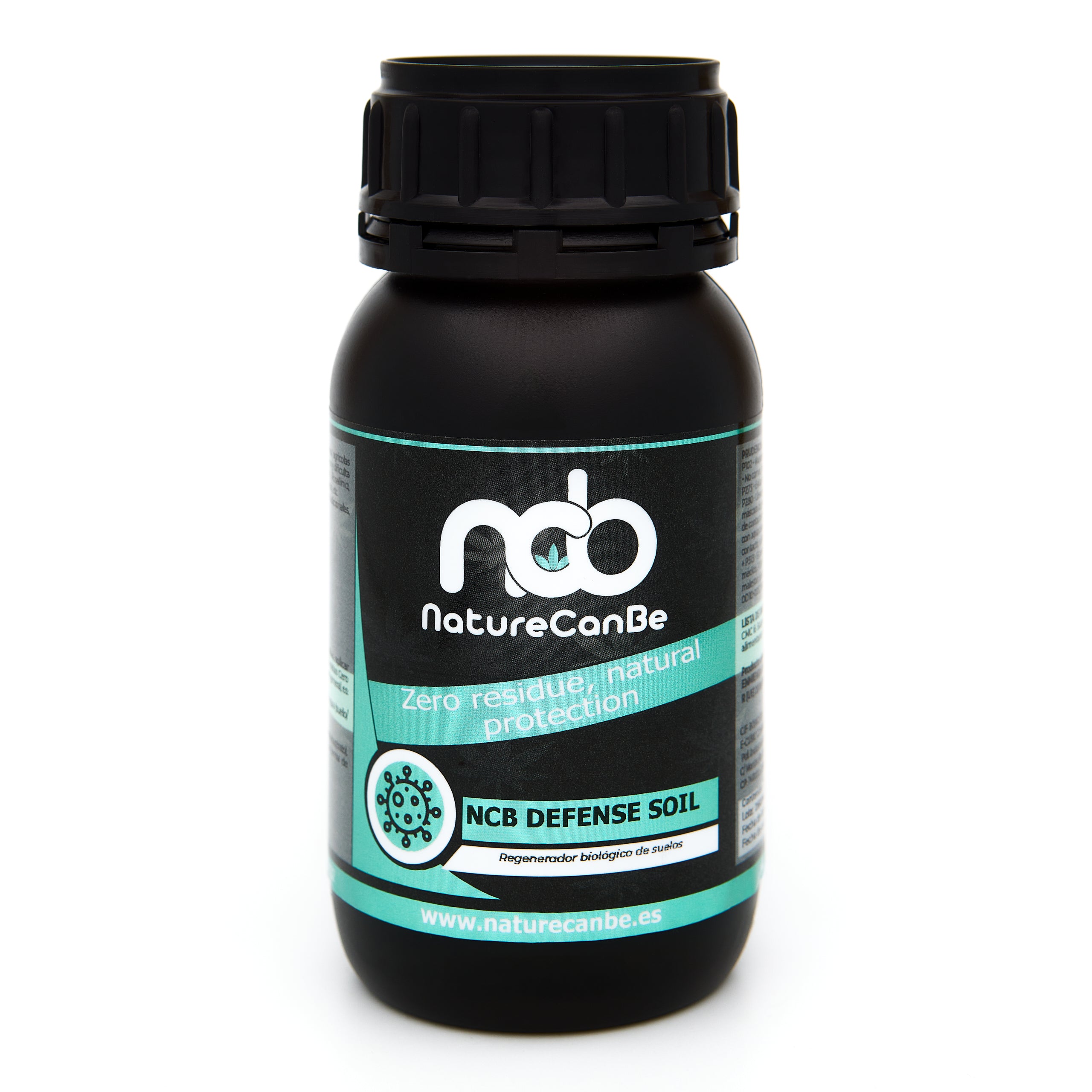 Bote negro de 250 mililitros NCB DEFENSE SOIL - fungicida orgánico marca NatureCanBe – producto fungicida – etiqueta azul clarito