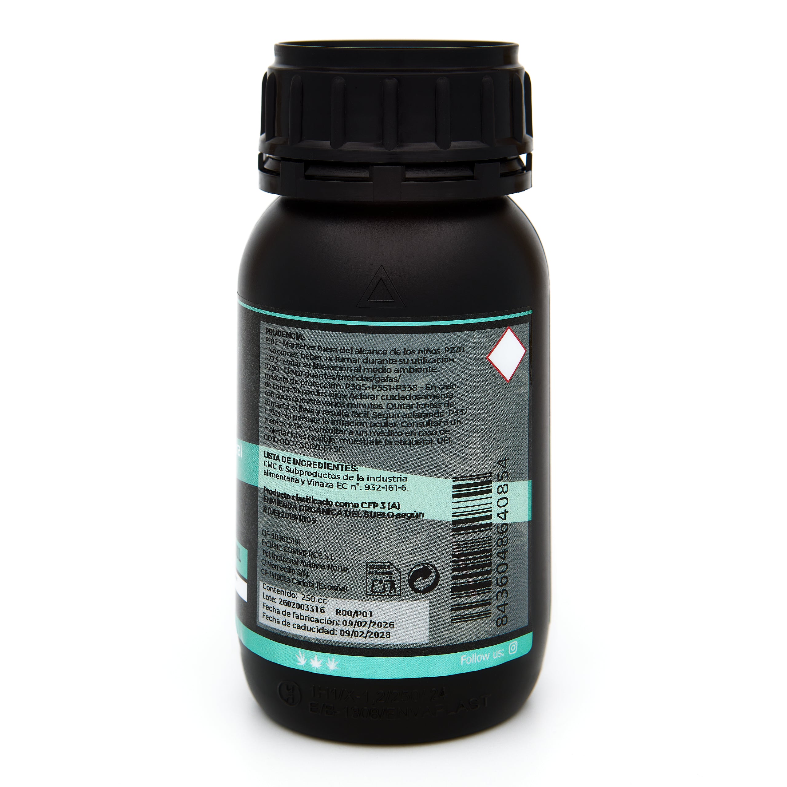 Bote negro de 250 mililitros NCB DEFENSE SOIL - fungicida orgánico marca NatureCanBe – producto fungicida – etiqueta azul clarito