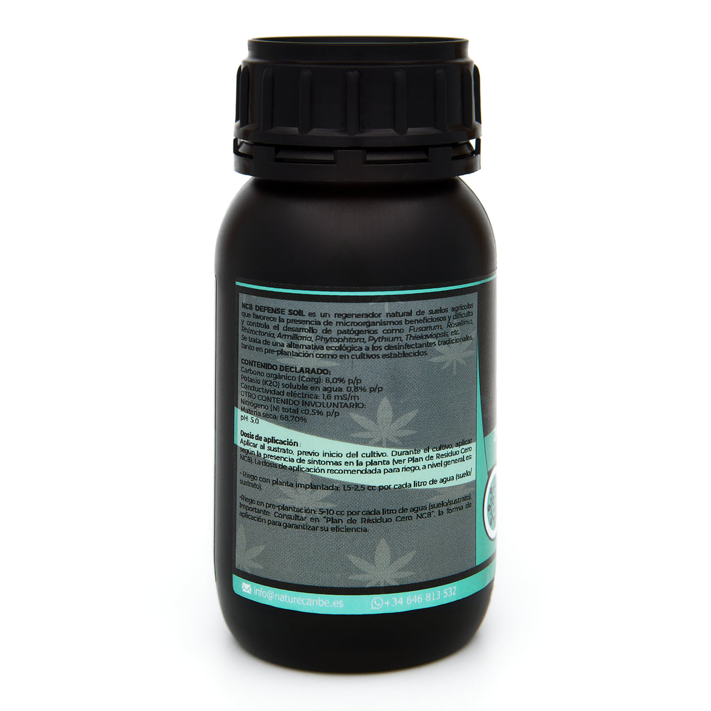Bote negro de 250 mililitros NCB DEFENSE SOIL - fungicida orgánico marca NatureCanBe – producto fungicida – etiqueta azul clarito
