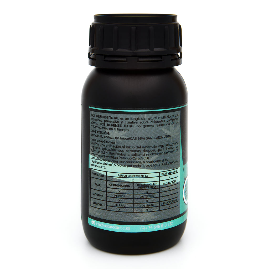 Bote negro de 250 mililitros NCB DEFENSE TOTAL - fungicida orgánico marca NatureCanBe – producto fungicida – etiqueta azul clarito