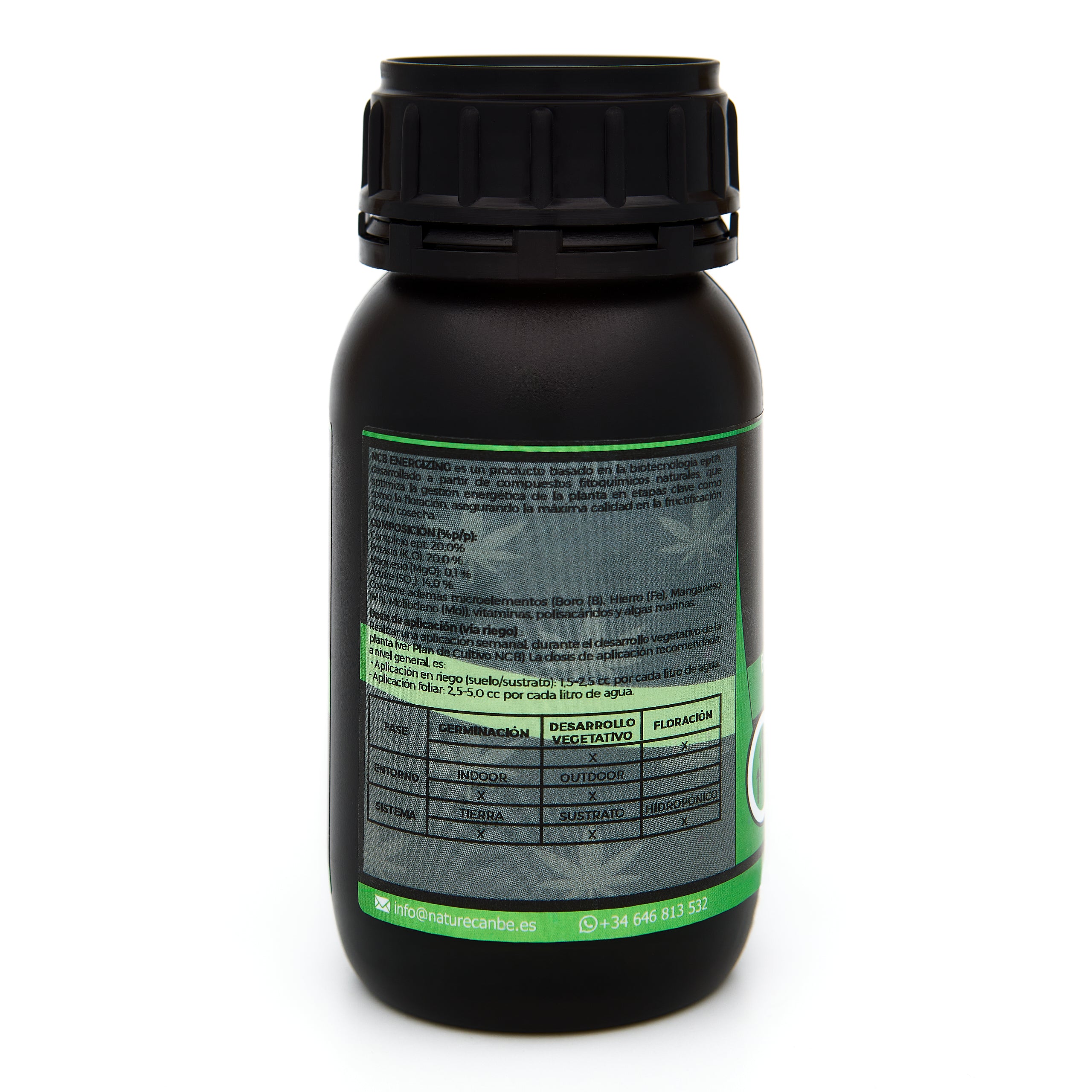 Bote negro de 250 mililitros NCB ENERGIZING - producto marca NatureCanBe – producto bioestimulante orgánico – etiqueta verde