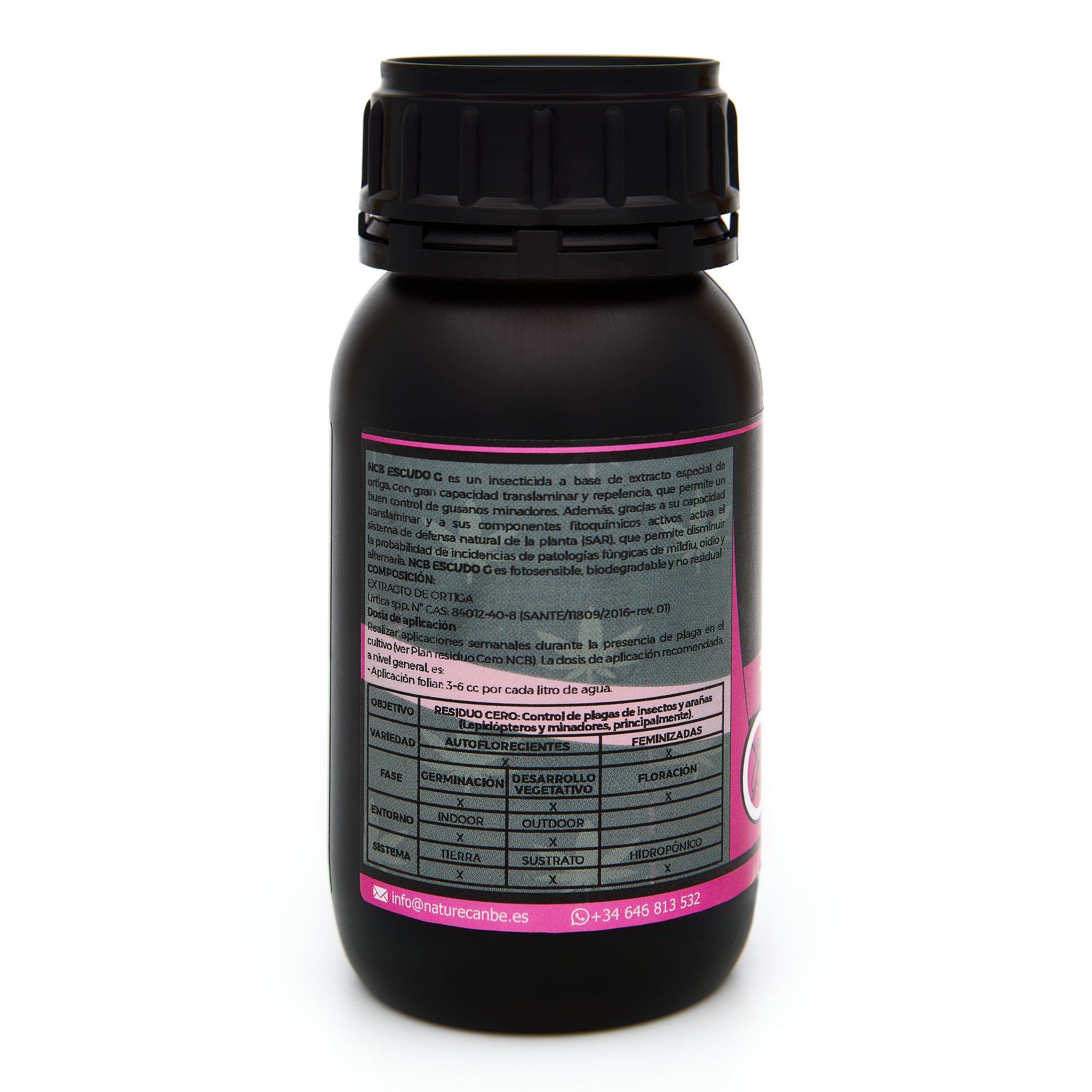 Bote negro de 250 mililitros NCB ESCUDO G - insecticida orgánico marca NatureCanBe – producto insecticida – etiqueta rosa fucsia 
