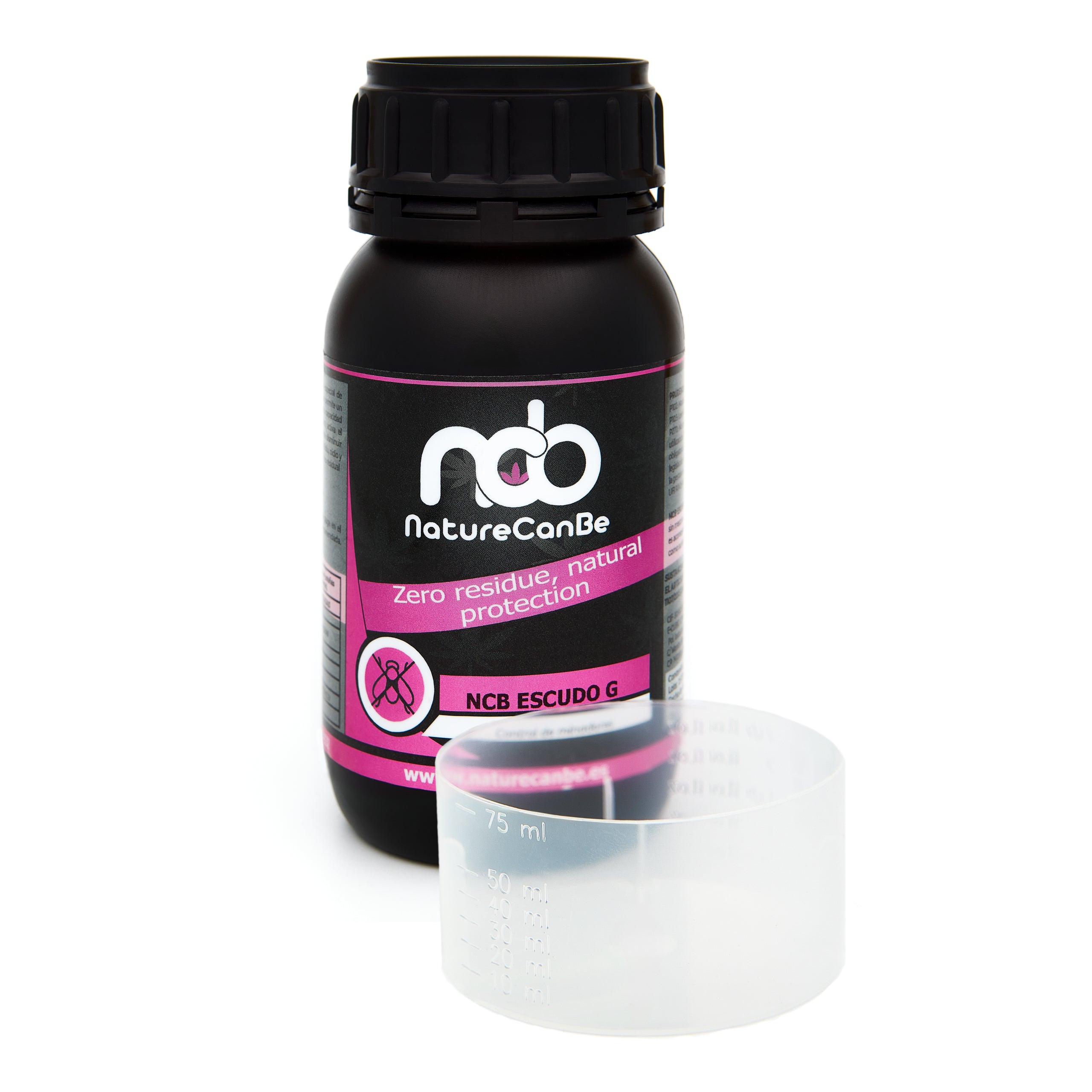 Bote negro de 250 mililitros NCB ESCUDO G - insecticida orgánico marca NatureCanBe – producto insecticida – etiqueta rosa fucsia 