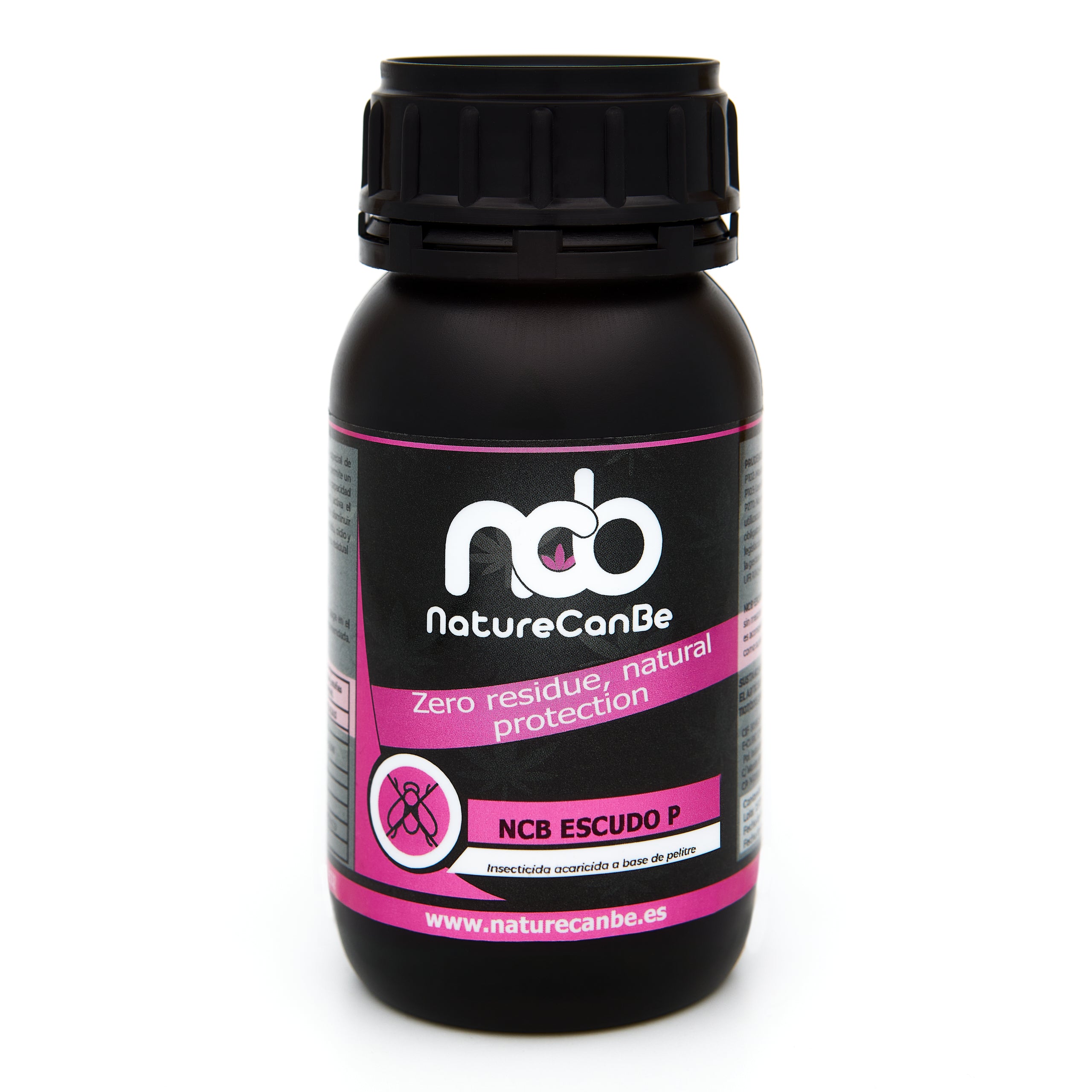 Bote negro de 250 mililitros NCB ESCUDO P - insecticida orgánico marca NatureCanBe – producto insecticida – etiqueta rosa fucsia 