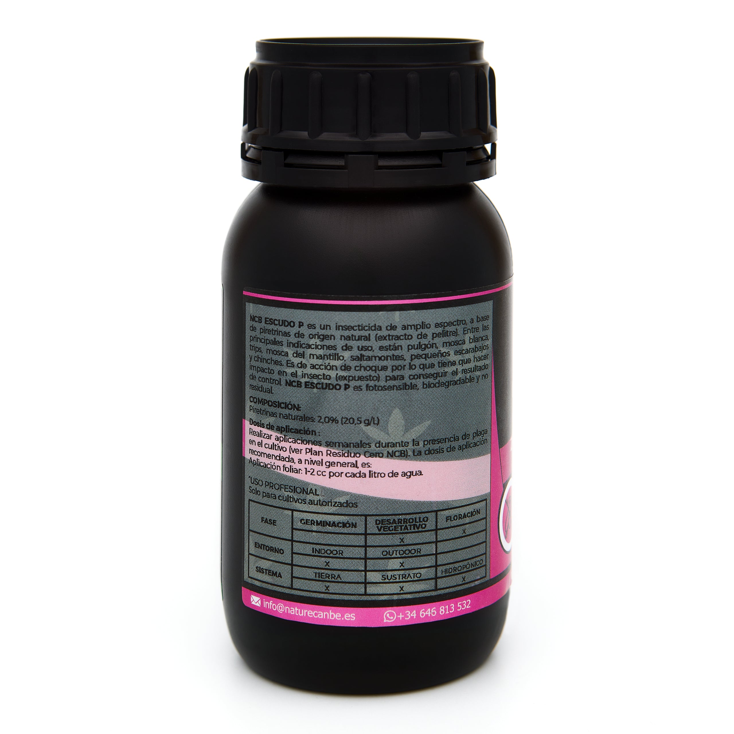 Bote negro de 250 mililitros NCB ESCUDO P - insecticida orgánico marca NatureCanBe – producto insecticida – etiqueta rosa fucsia 