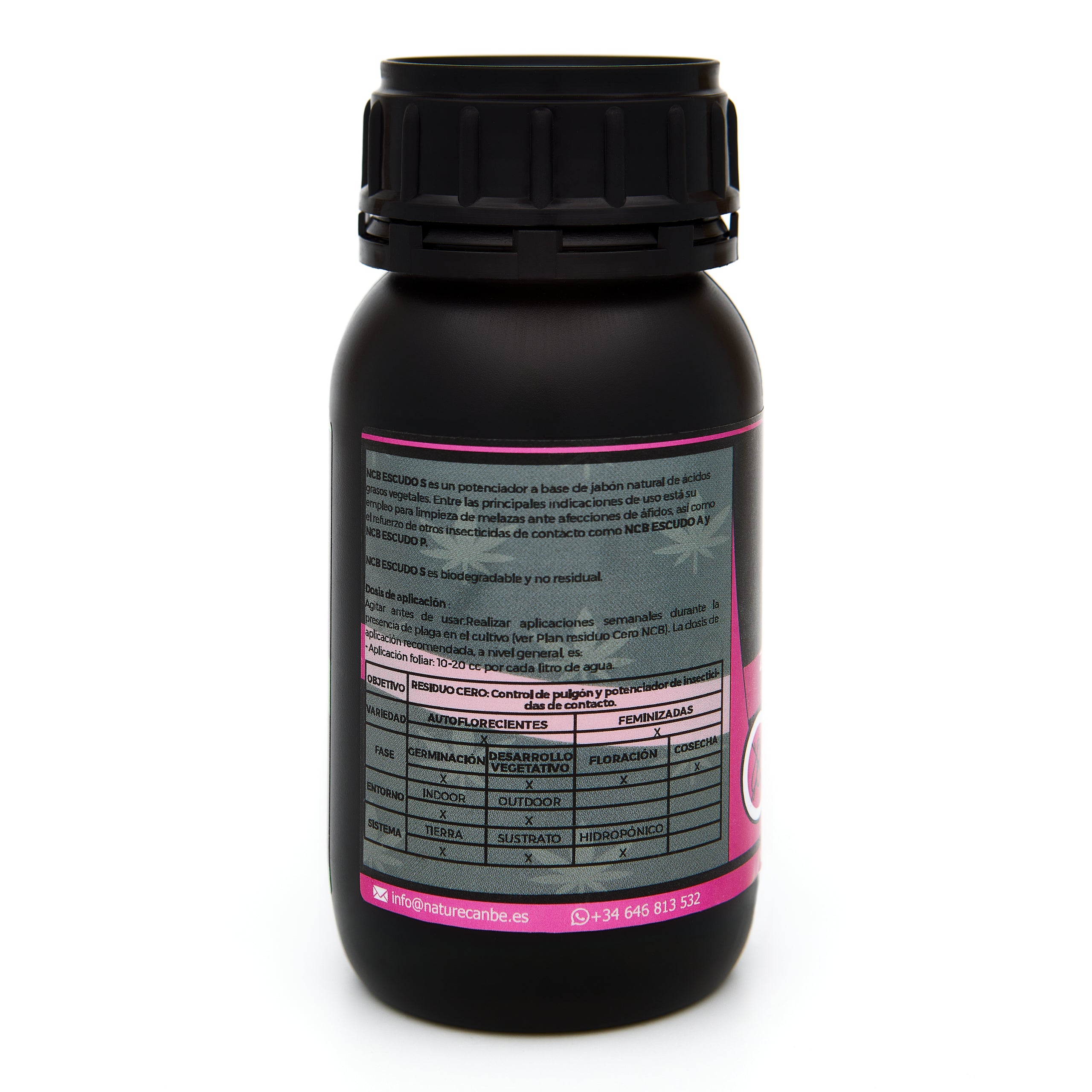 Bote negro de 250 mililitros NCB ESCUDO S - insecticida orgánico marca NatureCanBe – producto insecticida – etiqueta rosa fucsia 