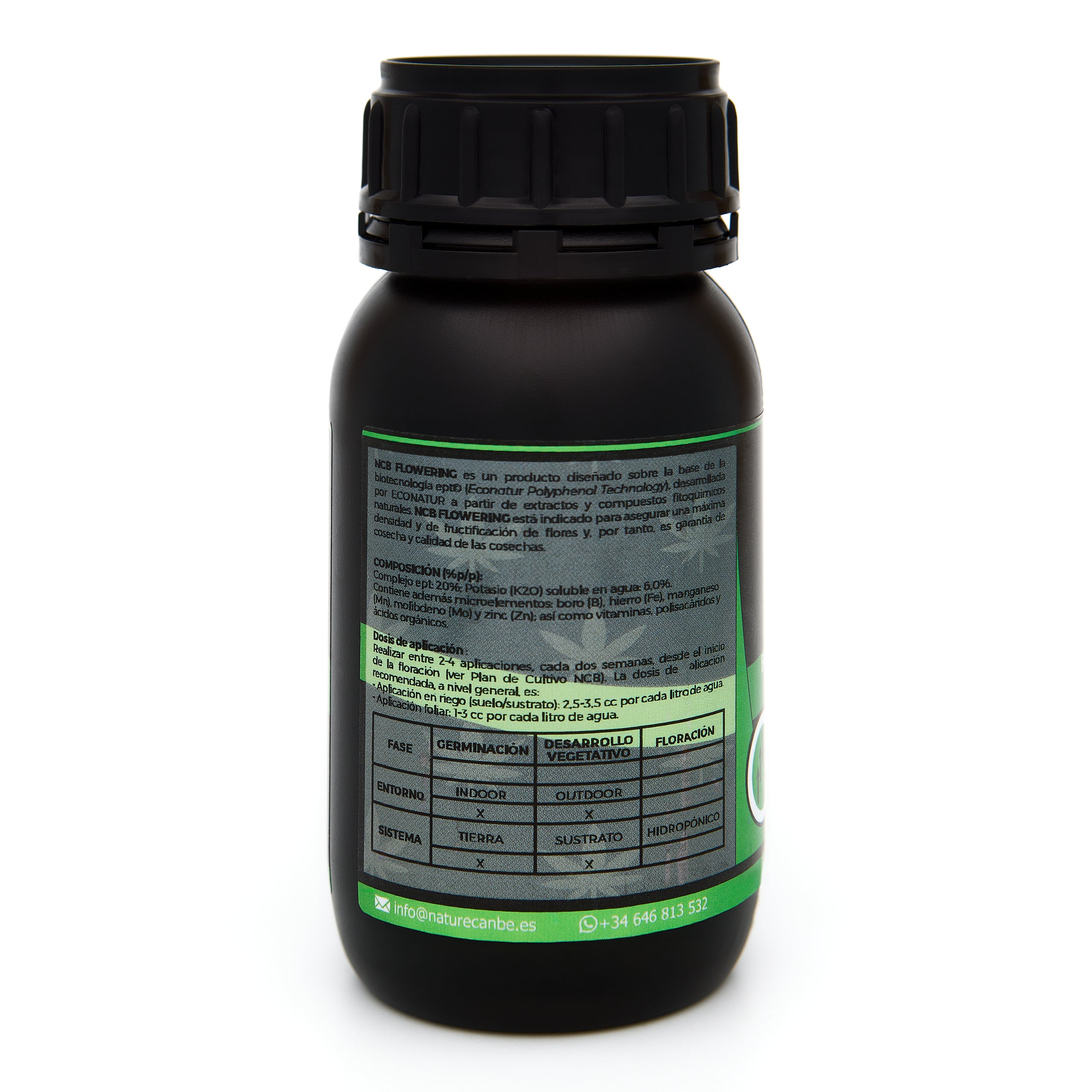 Bote negro de 250 mililitros NCB FLOWERING - producto marca NatureCanBe – producto bioestimulante orgánico – etiqueta verde