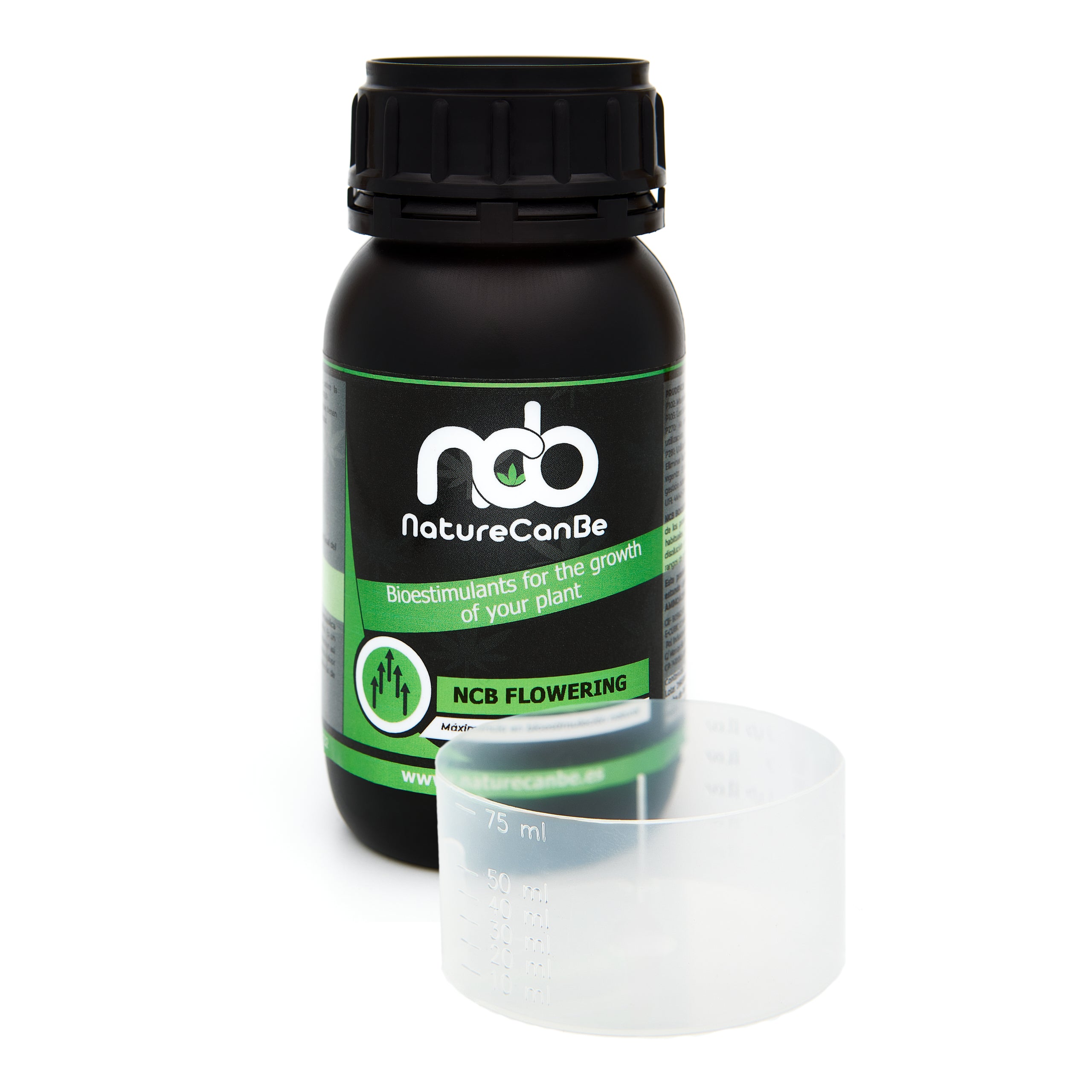 Bote negro de 250 mililitros NCB FLOWERING - producto marca NatureCanBe – producto bioestimulante orgánico – etiqueta verde