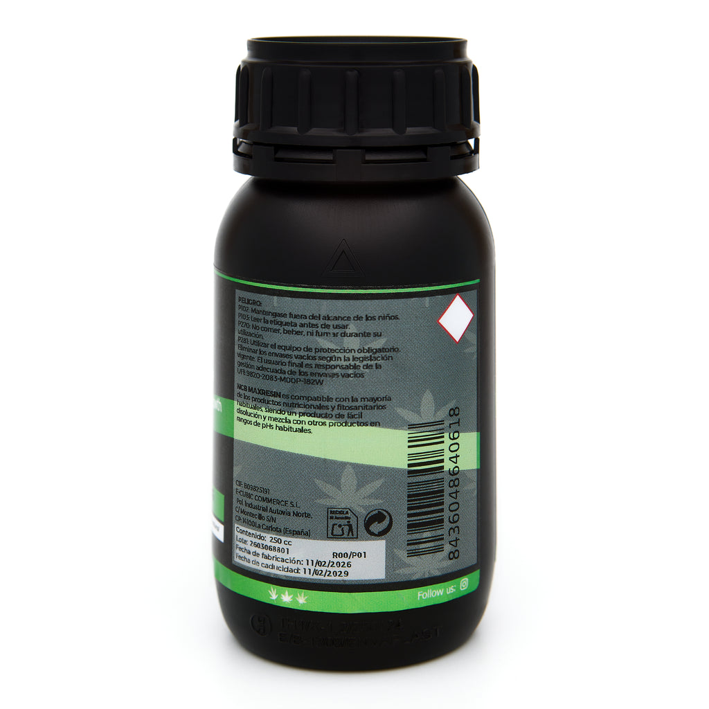Bote negro de 250 mililitros NCB MAXRESIN - producto marca NatureCanBe – producto bioestimulante orgánico – etiqueta verde