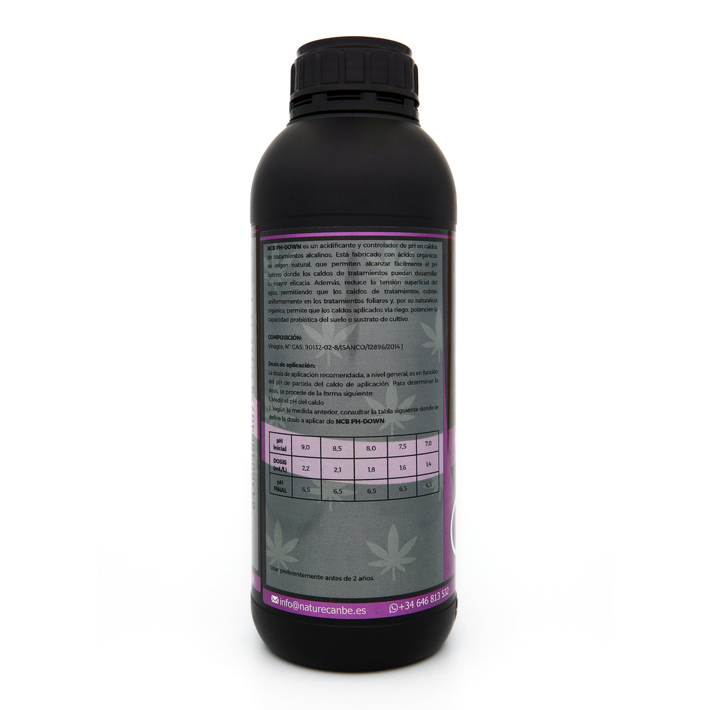 Bote negro de 1 litro NCB Ph-DOWN - producto marca NatureCanBe – producto auxiliar orgánico – etiqueta morada