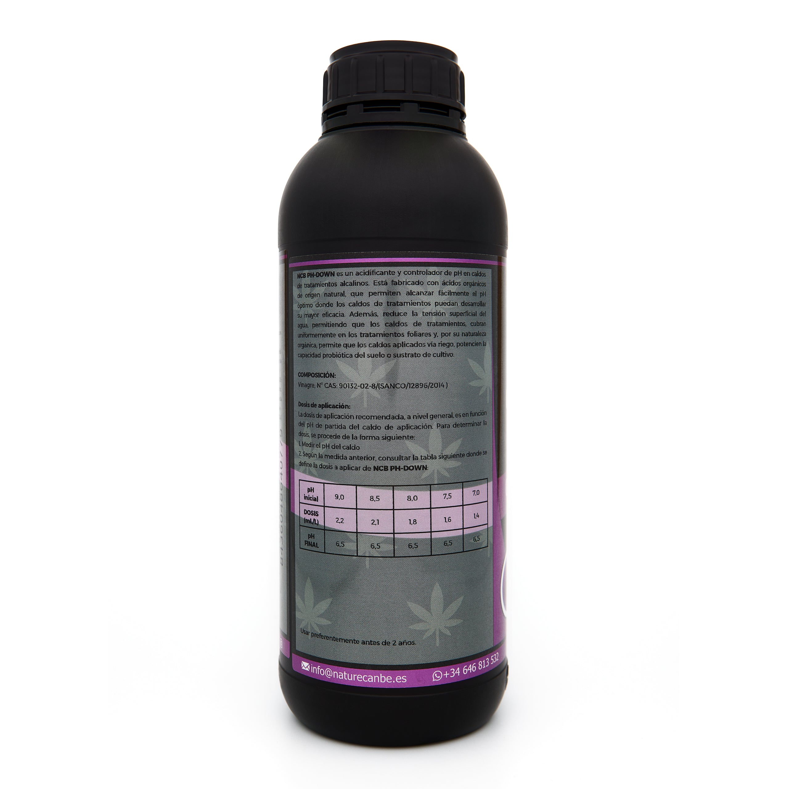 Bote negro de 1 litro NCB Ph-DOWN - producto marca NatureCanBe – producto auxiliar orgánico – etiqueta morada