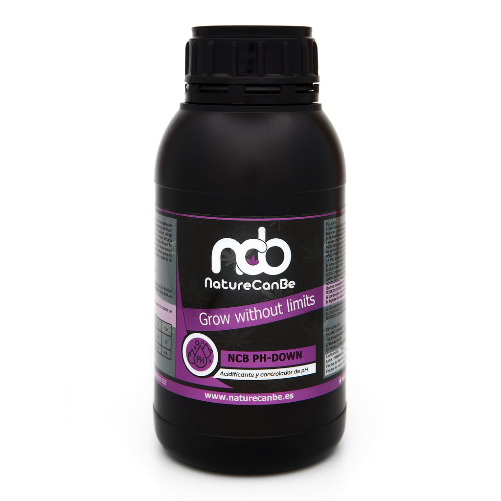 Bote negro de 500 mililitros NCB Ph-DOWN - producto marca NatureCanBe – producto auxiliar orgánico – etiqueta morada