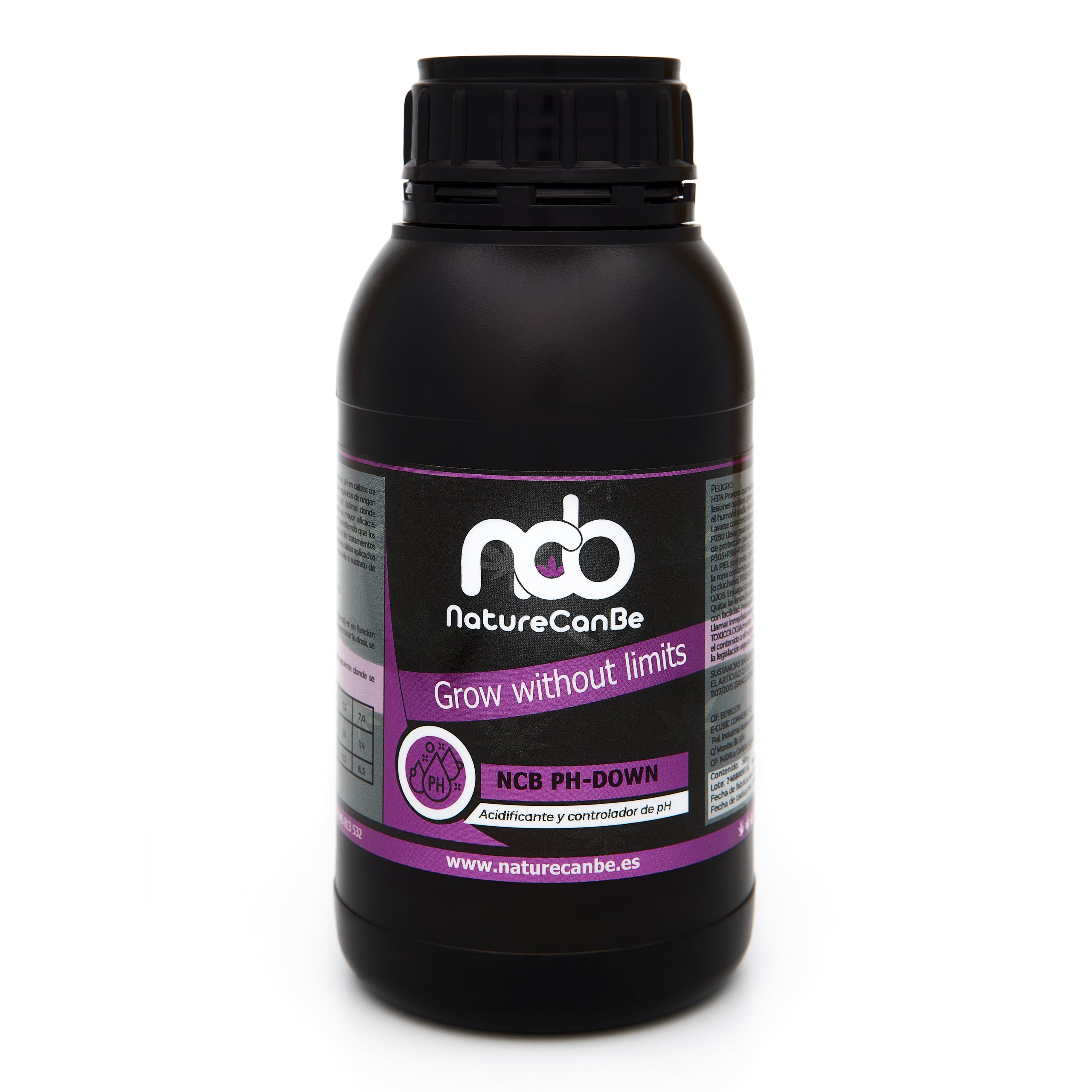 Bote negro de 500 mililitros NCB Ph-DOWN - producto marca NatureCanBe – producto auxiliar orgánico – etiqueta morada