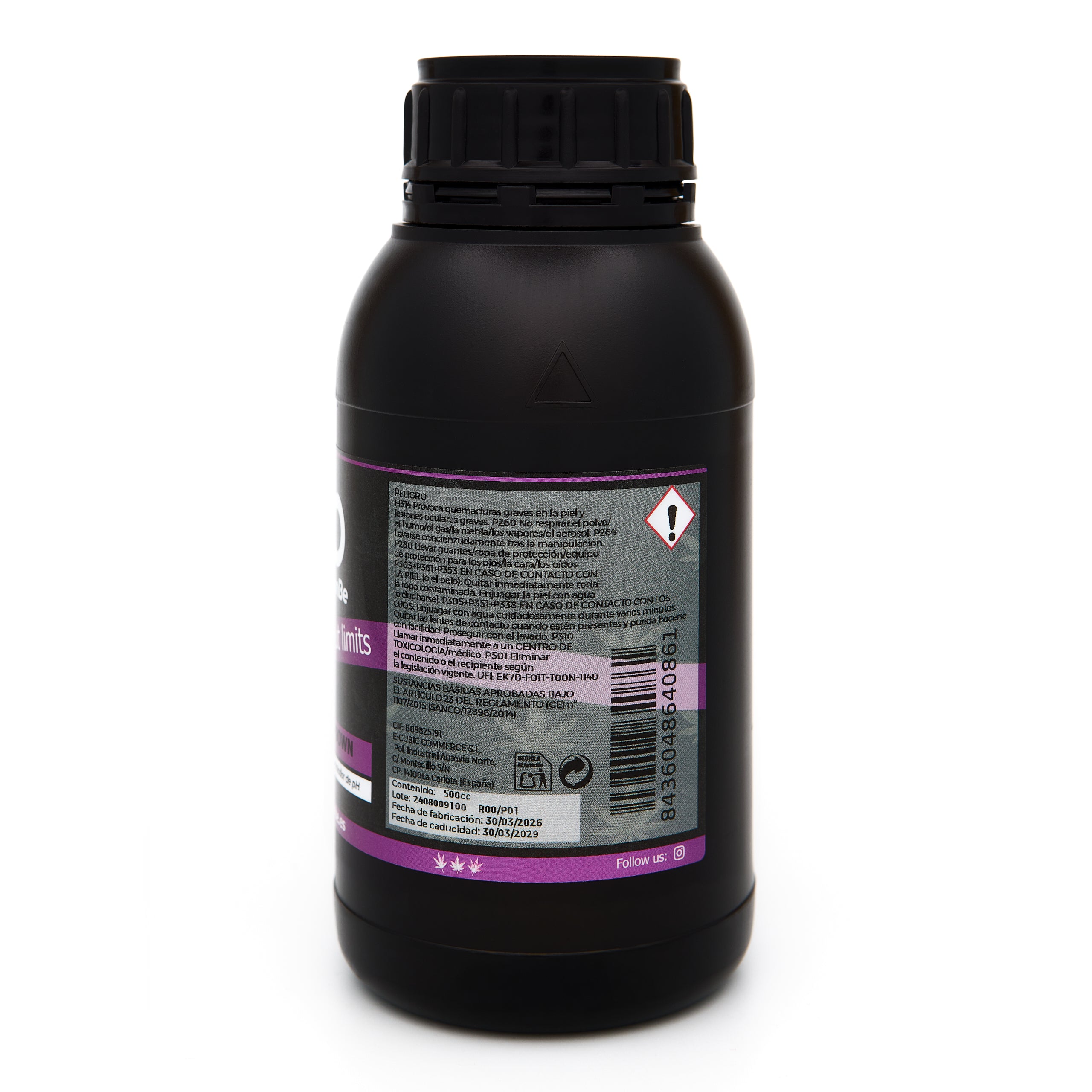 Bote negro de 500 mililitros NCB Ph-DOWN - producto marca NatureCanBe – producto auxiliar orgánico – etiqueta morada