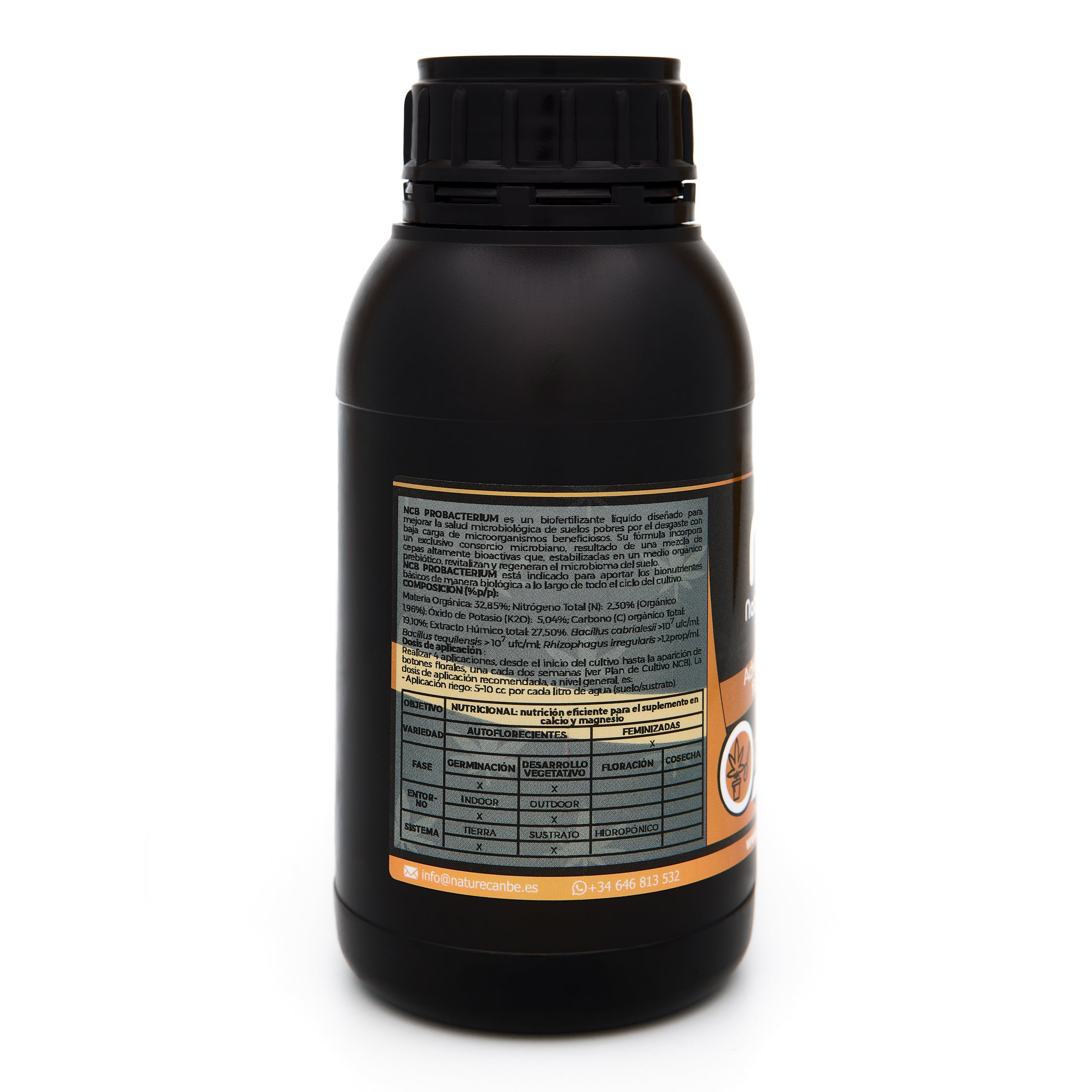 Bote negro de 500 mililitros NCB PROBACTERIUM - producto marca NatureCanBe – producto nutricional orgánico – etiqueta anaranjada