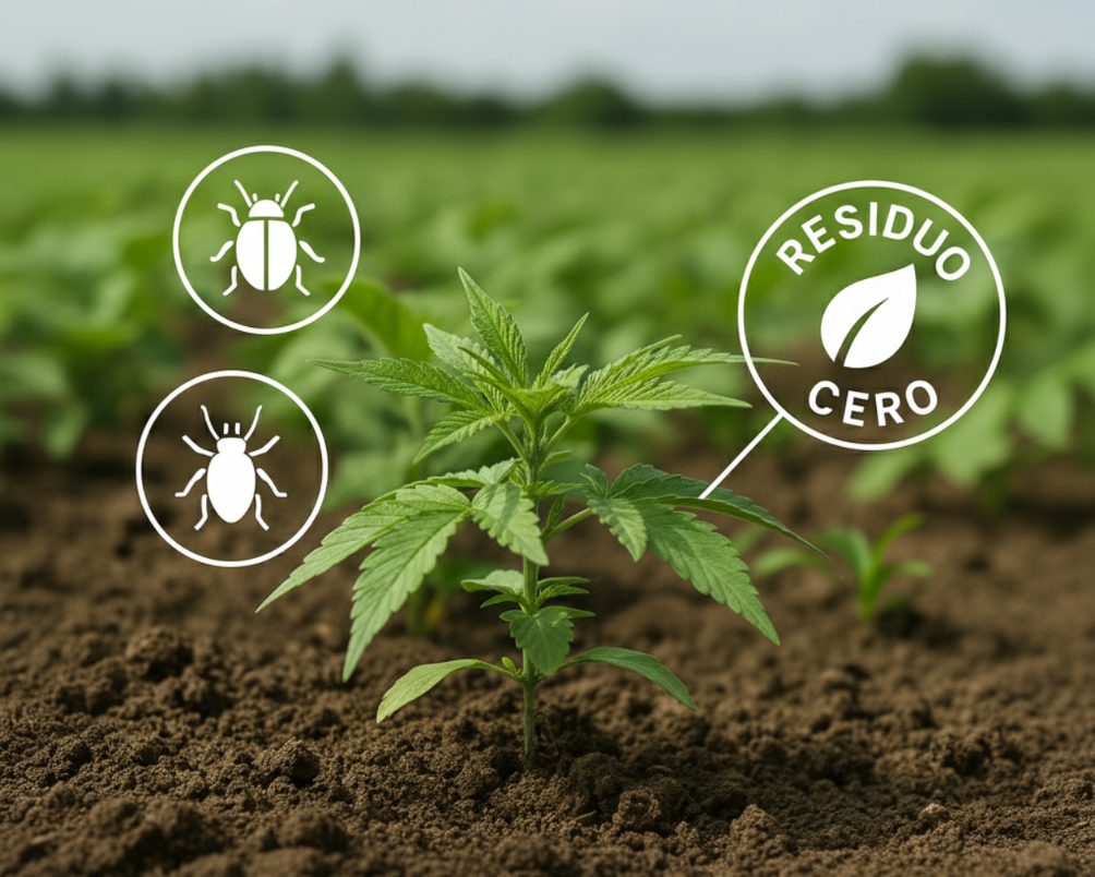 Planta de cáñamo joven creciendo en un campo con iconos que representan control de plagas y el concepto 'Residuo Cero', destacando un enfoque agrícola sostenible.