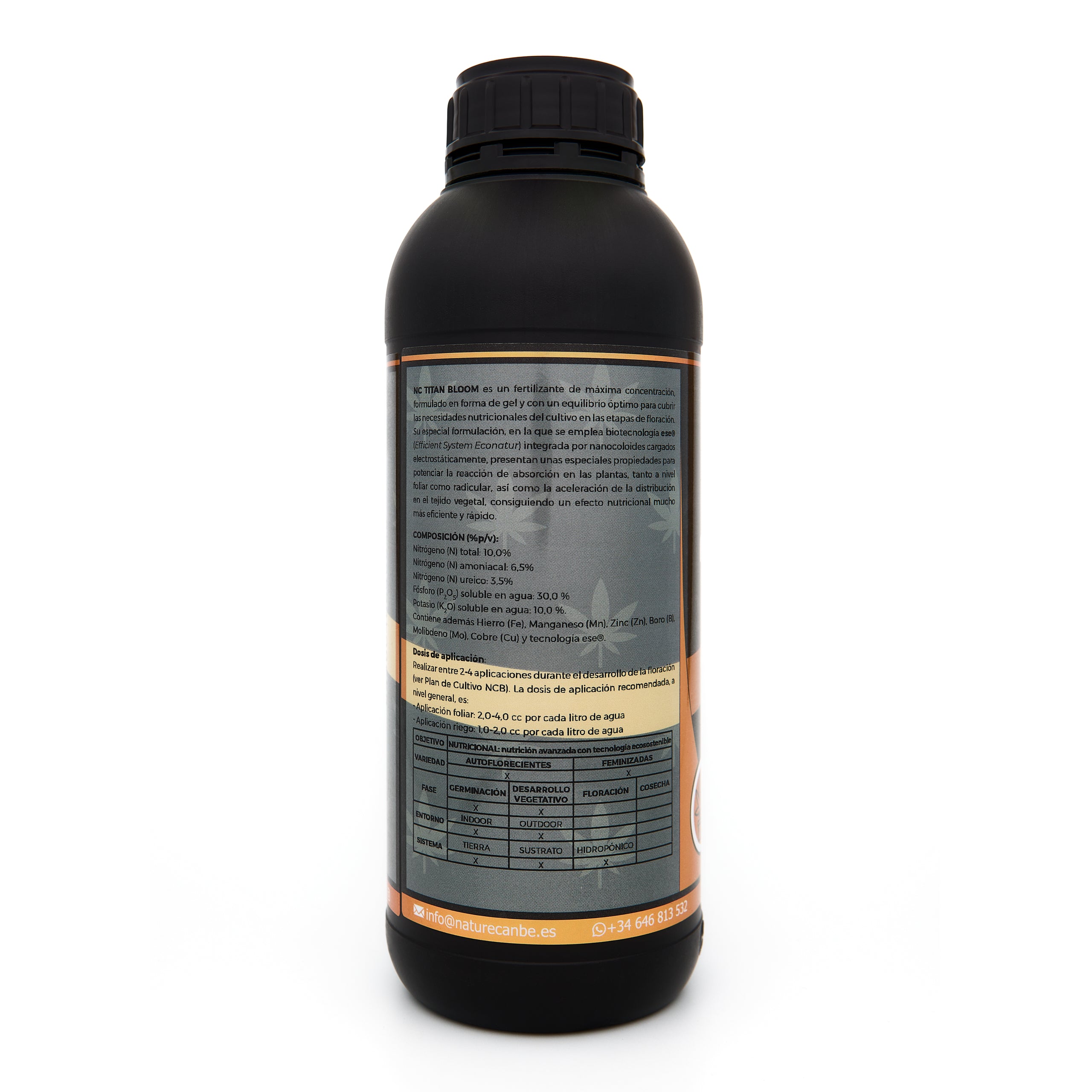 Bote negro de 1 litro NCB TITAN BLOOM - producto marca NatureCanBe – producto nutricional orgánico – etiqueta anaranjada