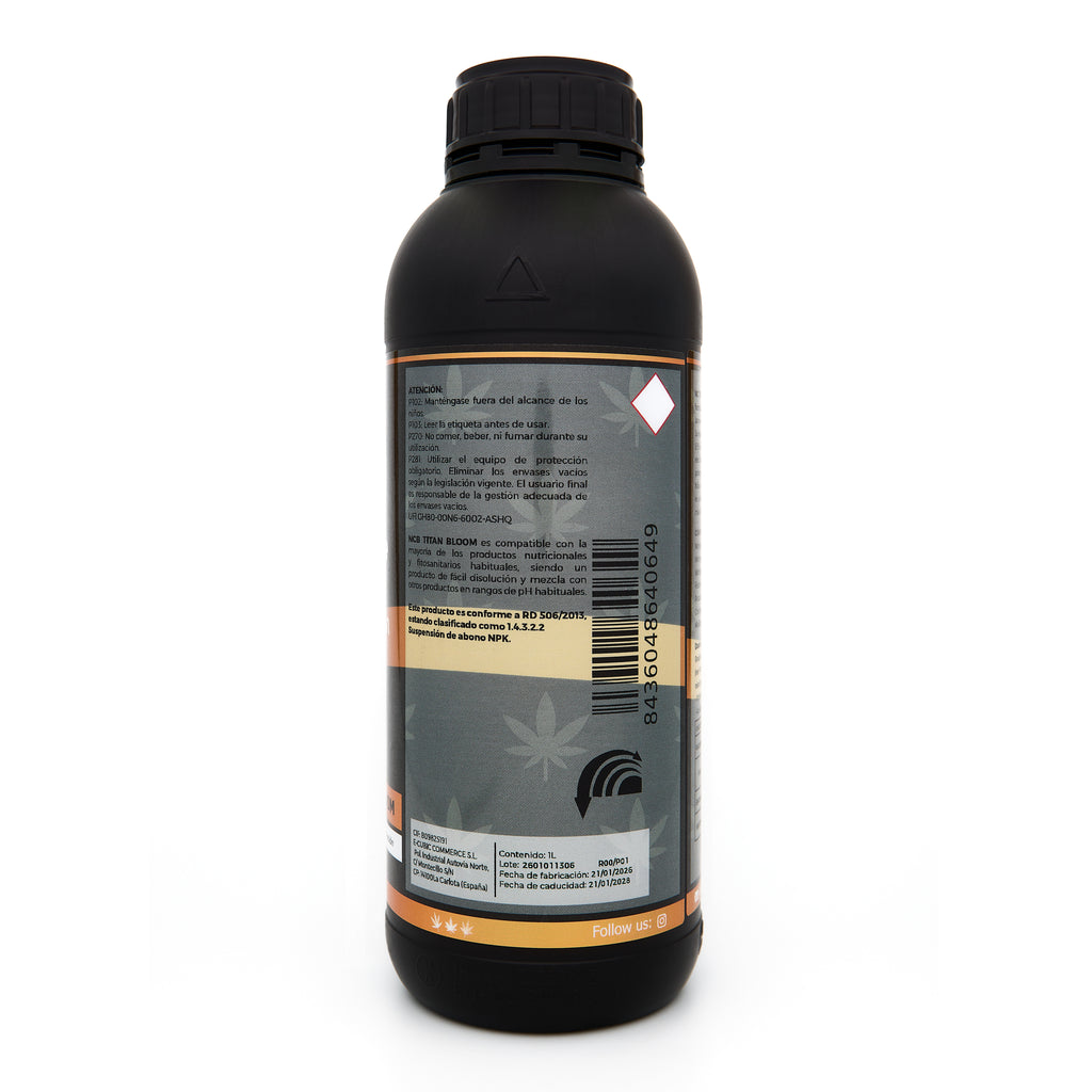 Bote negro de 1 litro NCB TITAN BLOOM - producto marca NatureCanBe – producto nutricional orgánico – etiqueta anaranjada