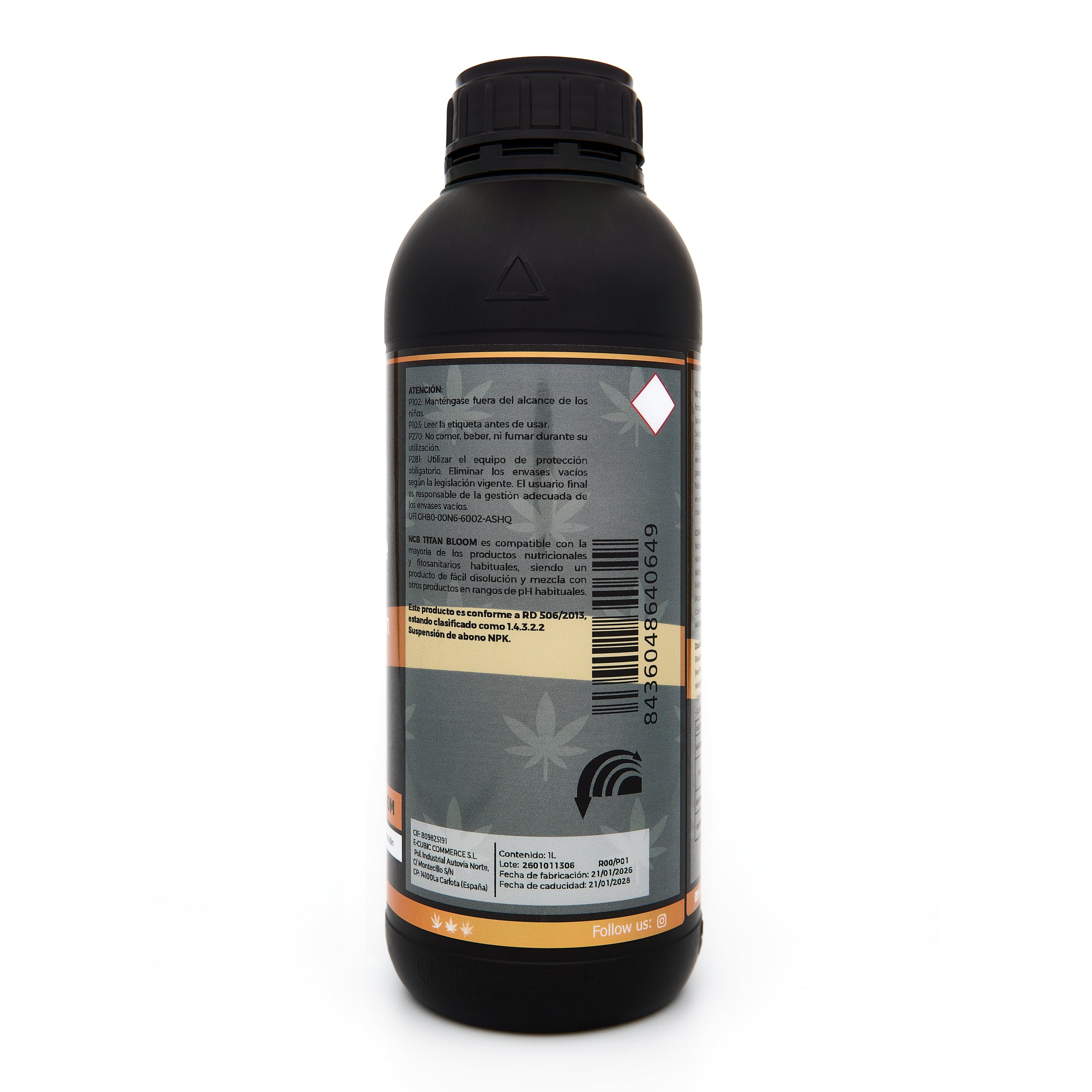 Bote negro de 1 litro NCB TITAN BLOOM - producto marca NatureCanBe – producto nutricional orgánico – etiqueta anaranjada