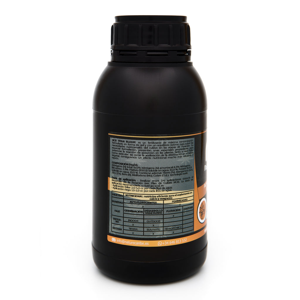 Bote negro de 500 mililitros NCB TITAN BLOOM - producto marca NatureCanBe – producto nutricional orgánico – etiqueta anaranjada