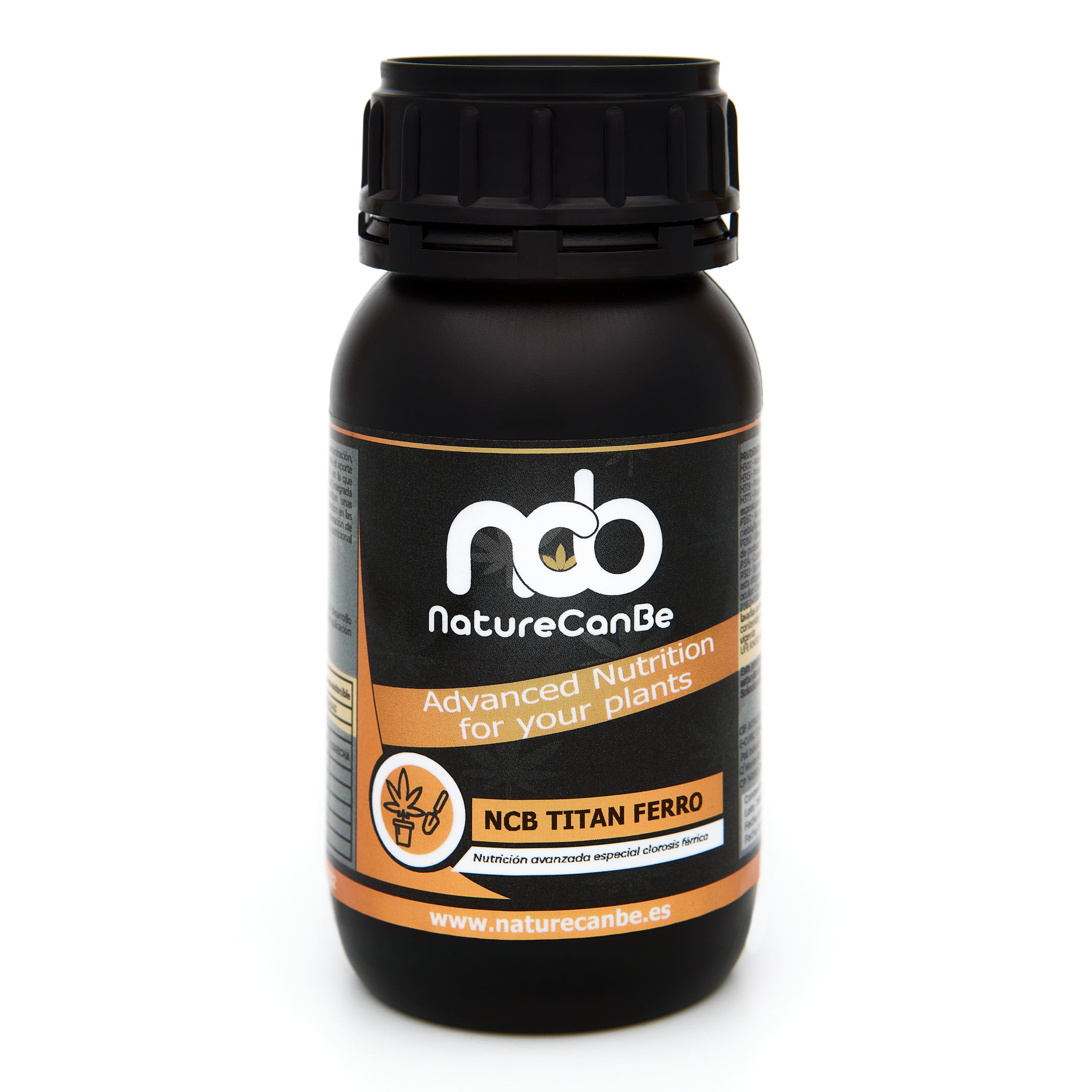 Bote negro de 250 mililitros NCB TITAN FERRO - producto marca NatureCanBe – producto nutricional orgánico – etiqueta anaranjada