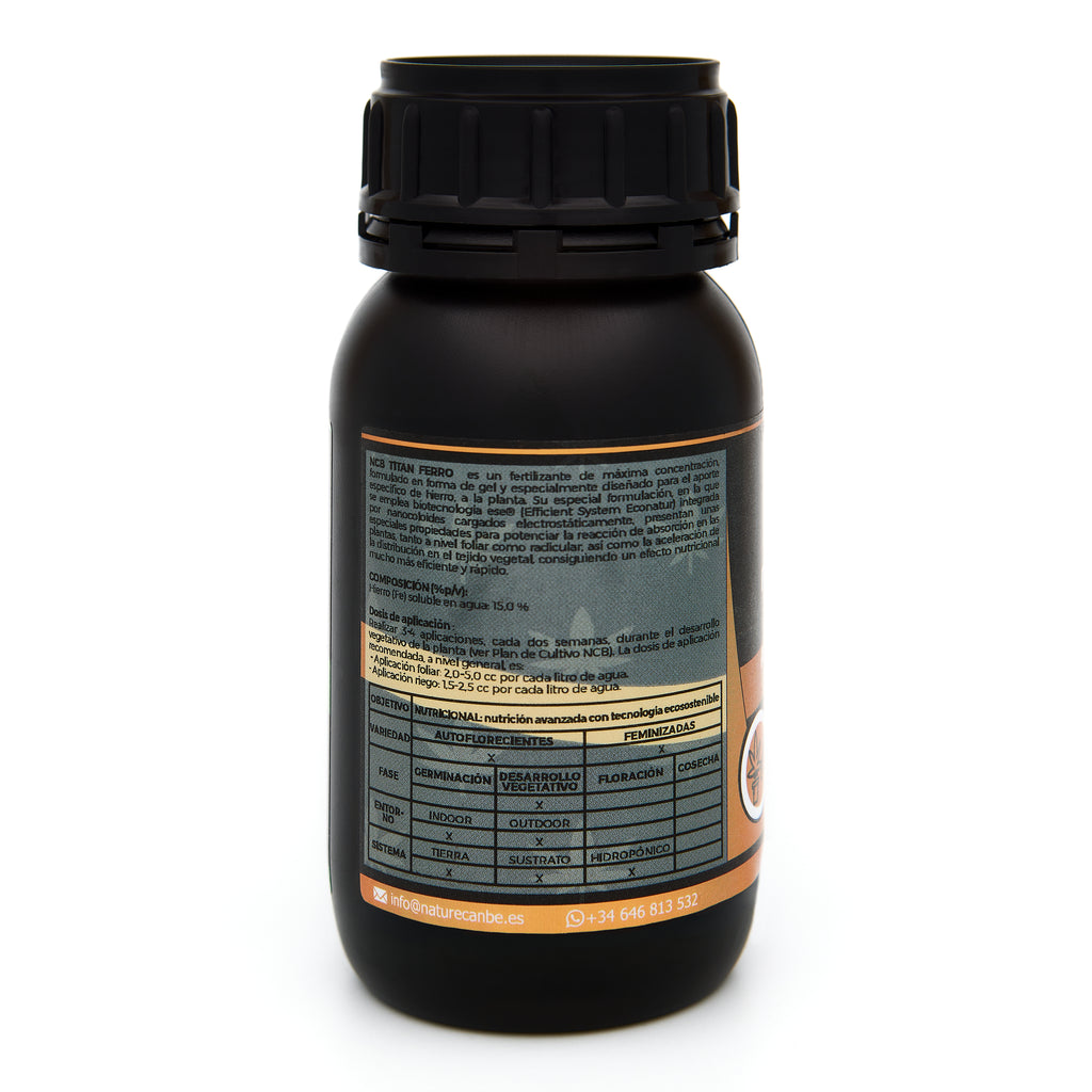 Bote negro de 250 mililitros NCB TITAN FERRO - producto marca NatureCanBe – producto nutricional orgánico – etiqueta anaranjada