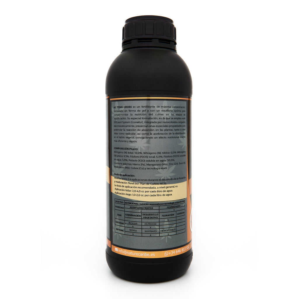 Bote negro de 1 litro NCB TITAN GROSS - producto marca NatureCanBe – producto nutricional orgánico – etiqueta anaranjada
