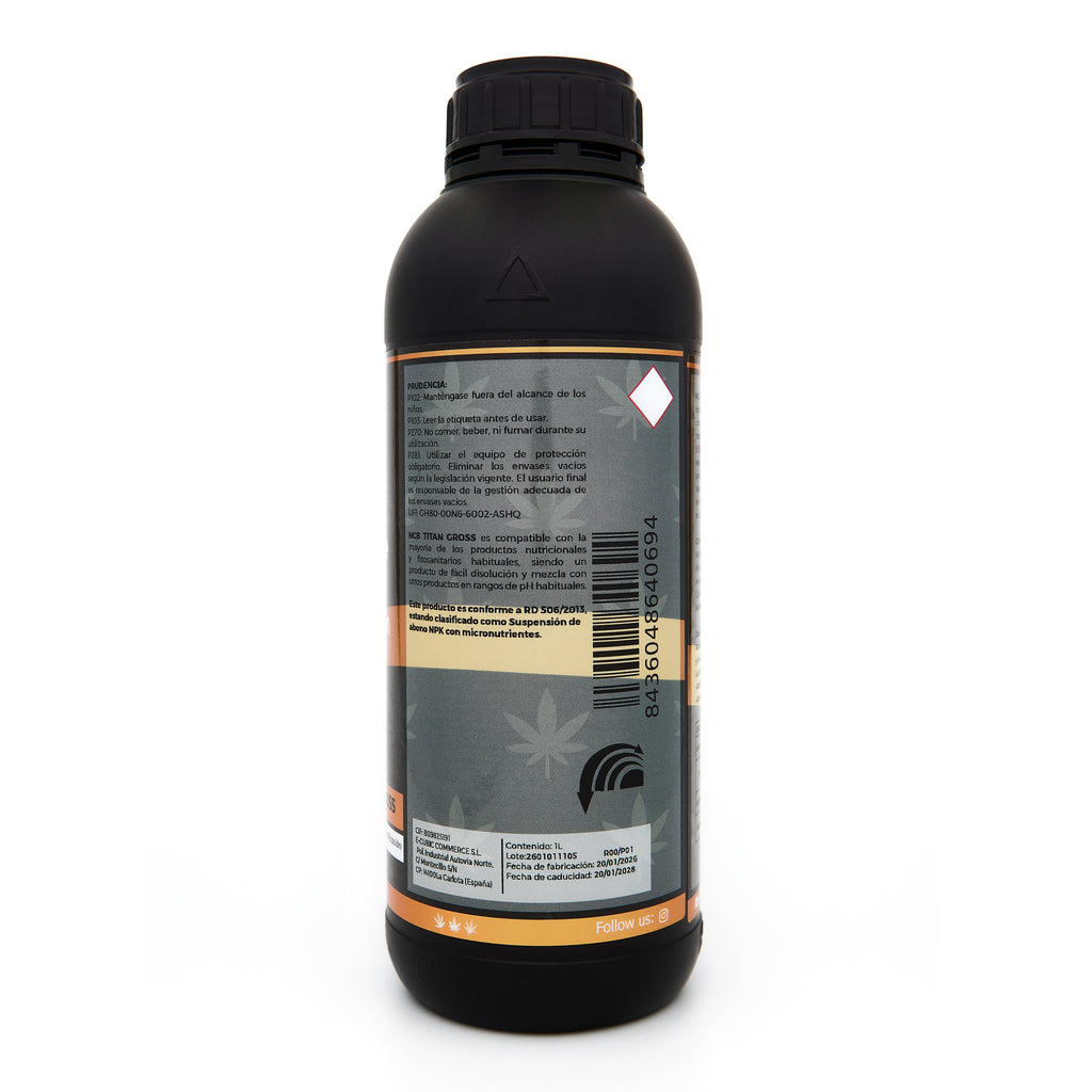 Bote negro de 1 litro NCB TITAN GROSS - producto marca NatureCanBe – producto nutricional orgánico – etiqueta anaranjada