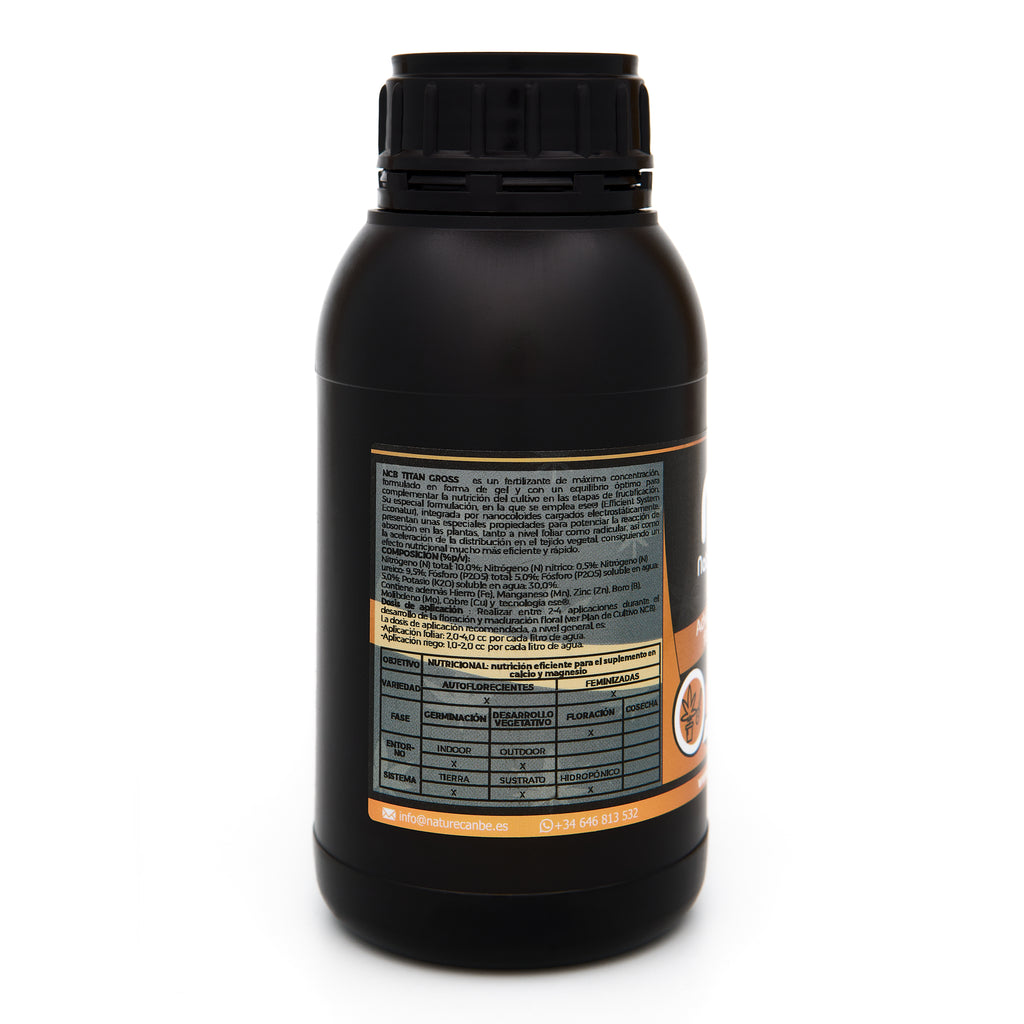 Bote negro de 500 mililitros NCB TITAN GROSS - producto marca NatureCanBe – producto nutricional orgánico – etiqueta anaranjada