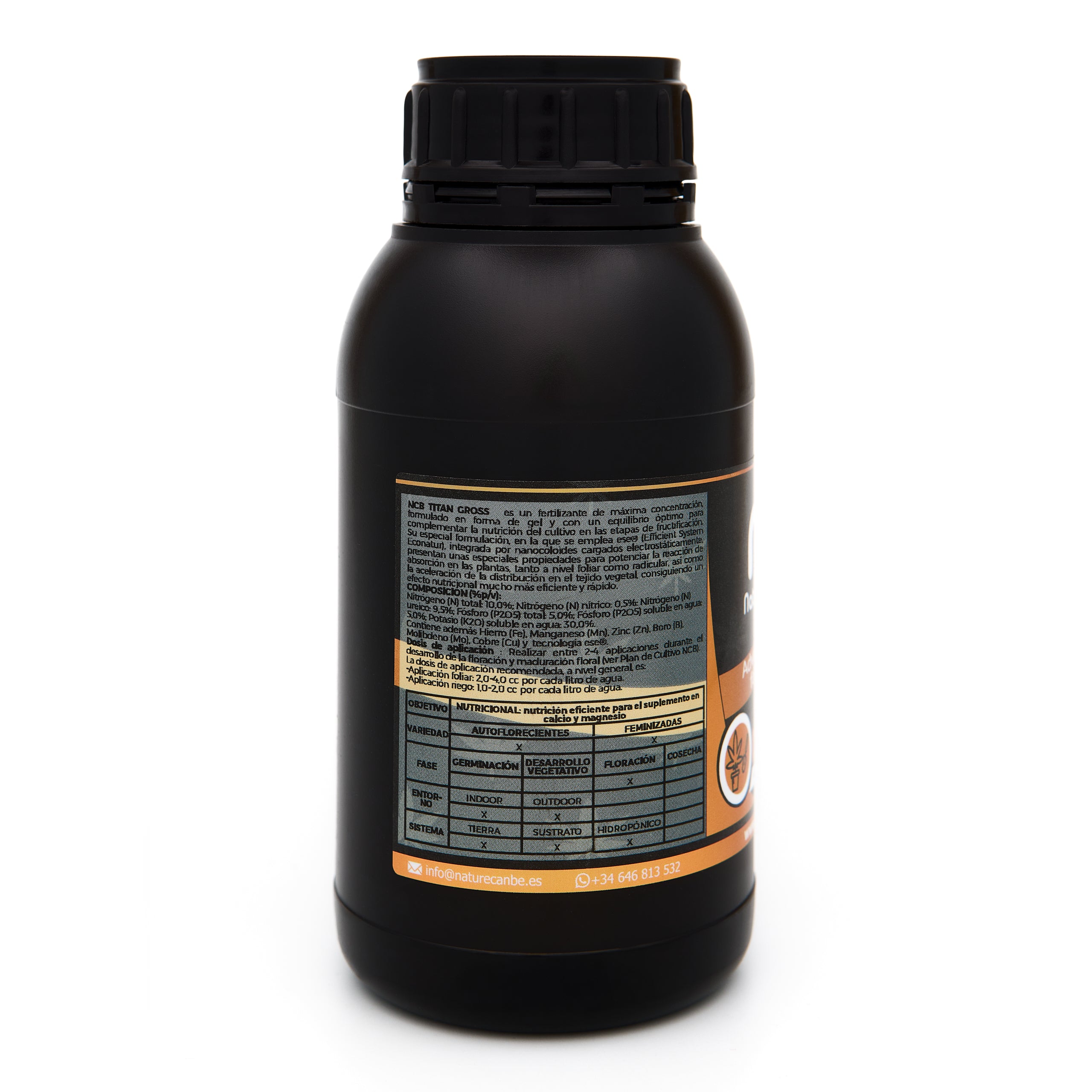Bote negro de 500 mililitros NCB TITAN GROSS - producto marca NatureCanBe – producto nutricional orgánico – etiqueta anaranjada