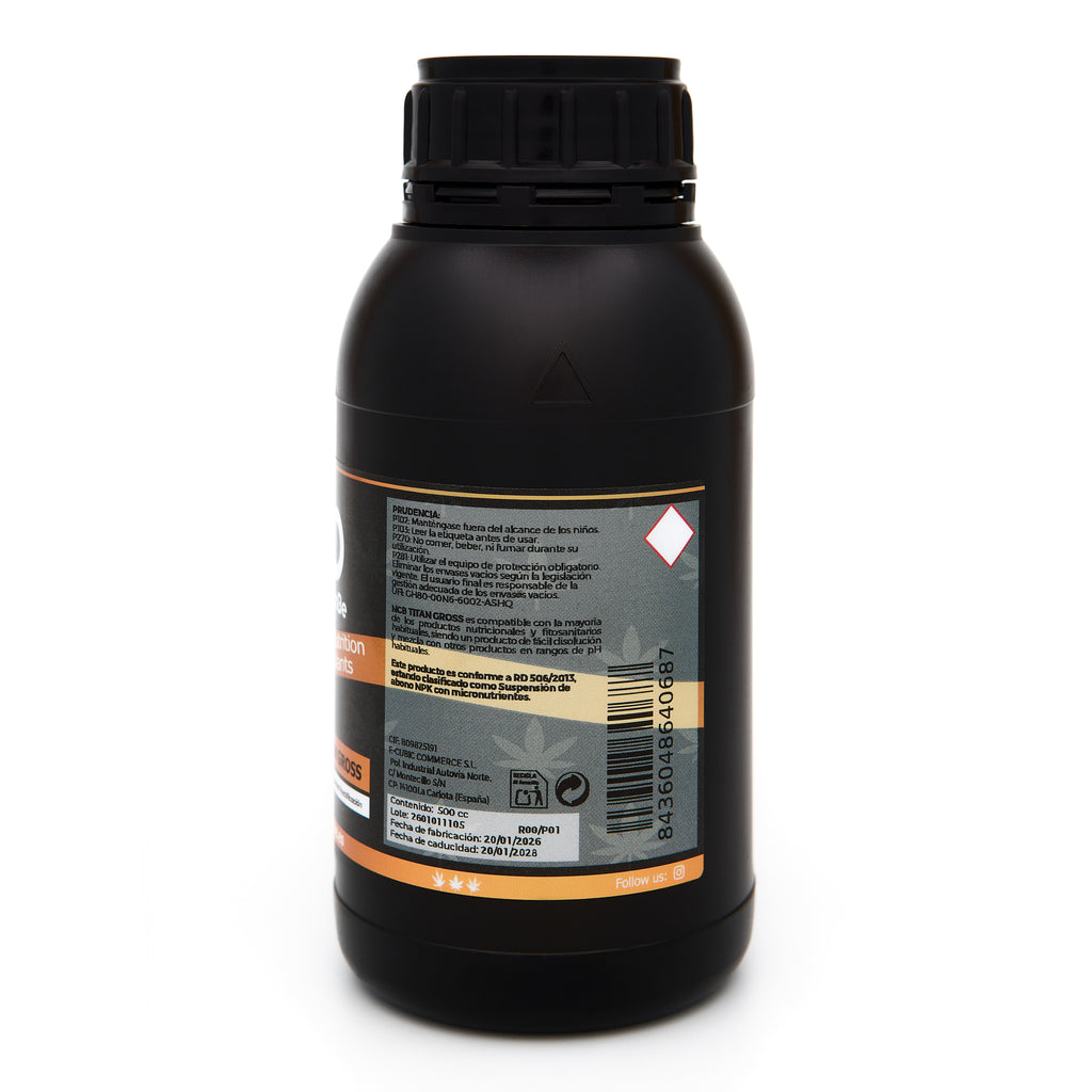 Bote negro de 500 mililitros NCB TITAN GROSS - producto marca NatureCanBe – producto nutricional orgánico – etiqueta anaranjada