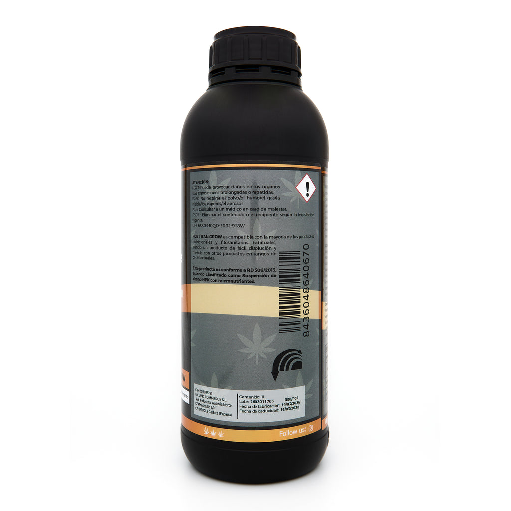 Bote negro de 1 litro NCB TITAN GROW - producto marca NatureCanBe – producto nutricional orgánico – etiqueta anaranjada