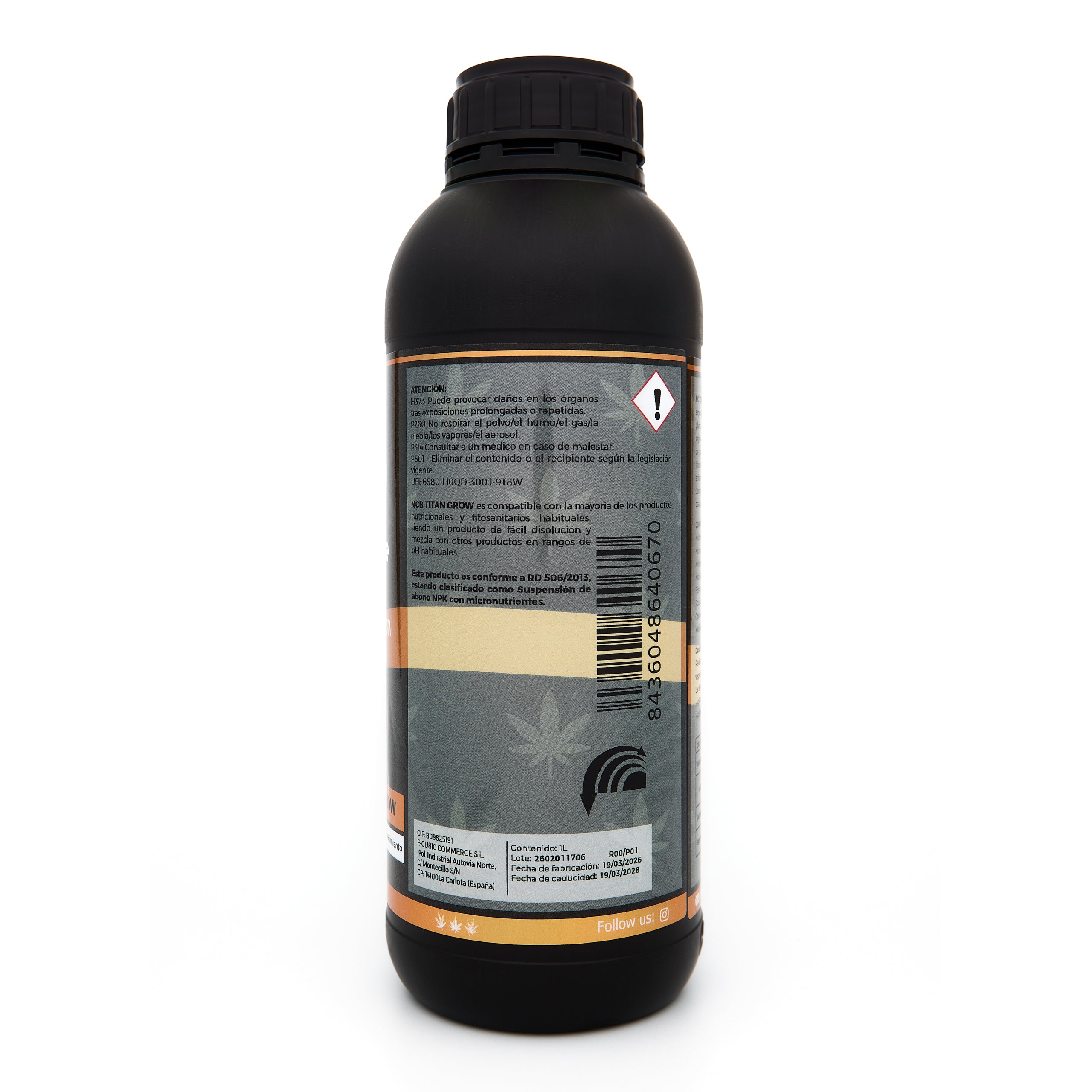 Bote negro de 1 litro NCB TITAN GROW - producto marca NatureCanBe – producto nutricional orgánico – etiqueta anaranjada