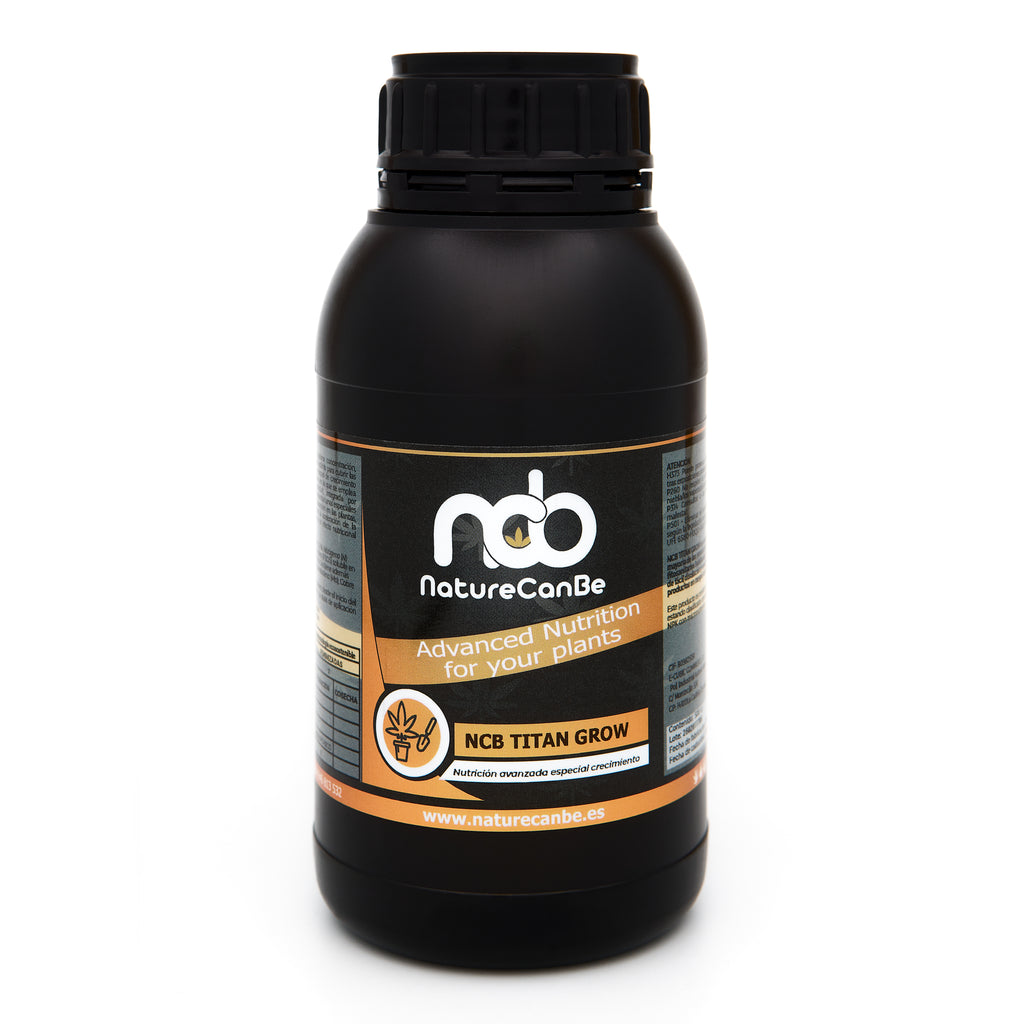 Bote negro de 500 mililitros NCB TITAN GROW - producto marca NatureCanBe – producto nutricional orgánico – etiqueta anaranjada
