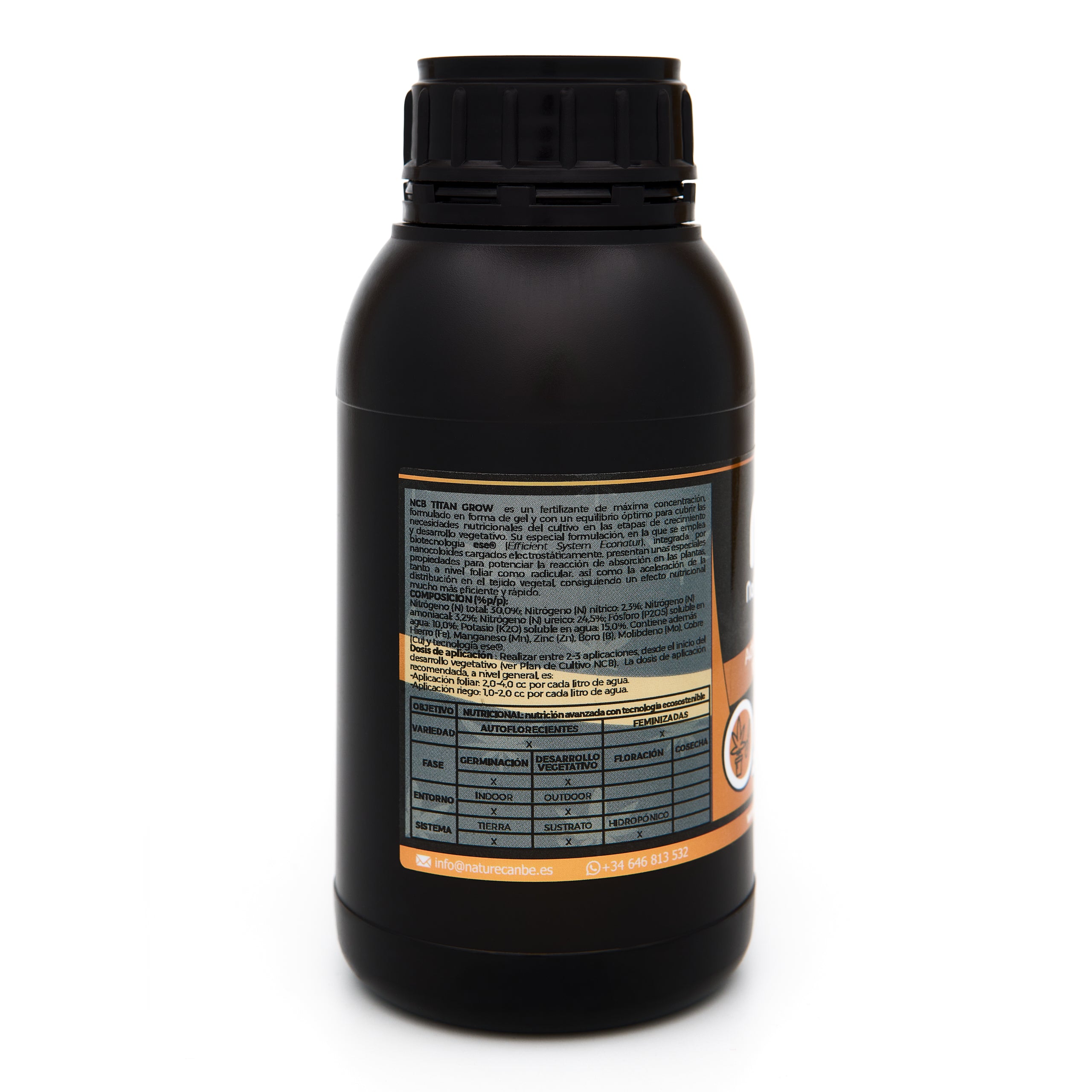 Bote negro de 500 mililitros NCB TITAN GROW - producto marca NatureCanBe – producto nutricional orgánico – etiqueta anaranjada