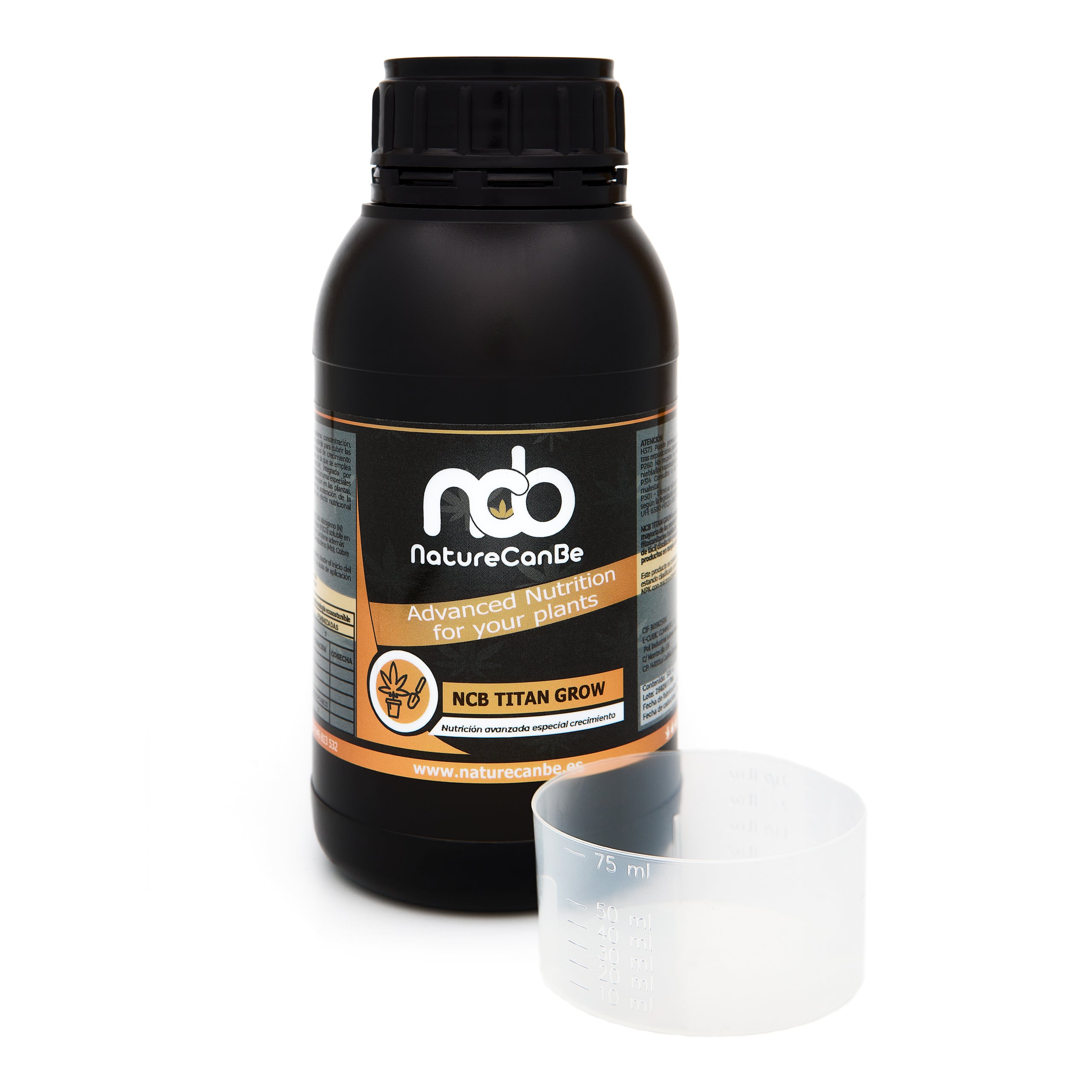 Bote negro de 500 mililitros NCB TITAN GROW - producto marca NatureCanBe – producto nutricional orgánico – etiqueta anaranjada