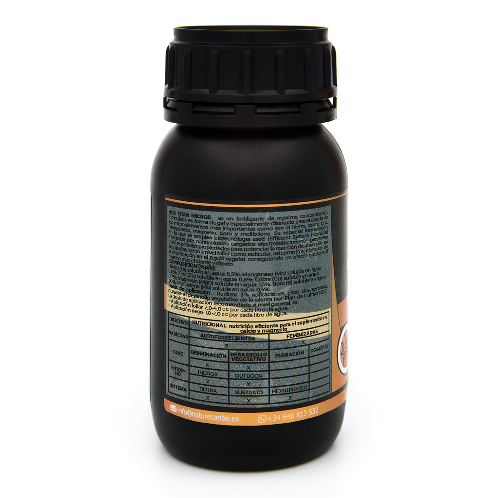 Bote negro de 250 mililitros NCB TITAN MICROS - producto marca NatureCanBe – producto nutricional orgánico – etiqueta anaranjada