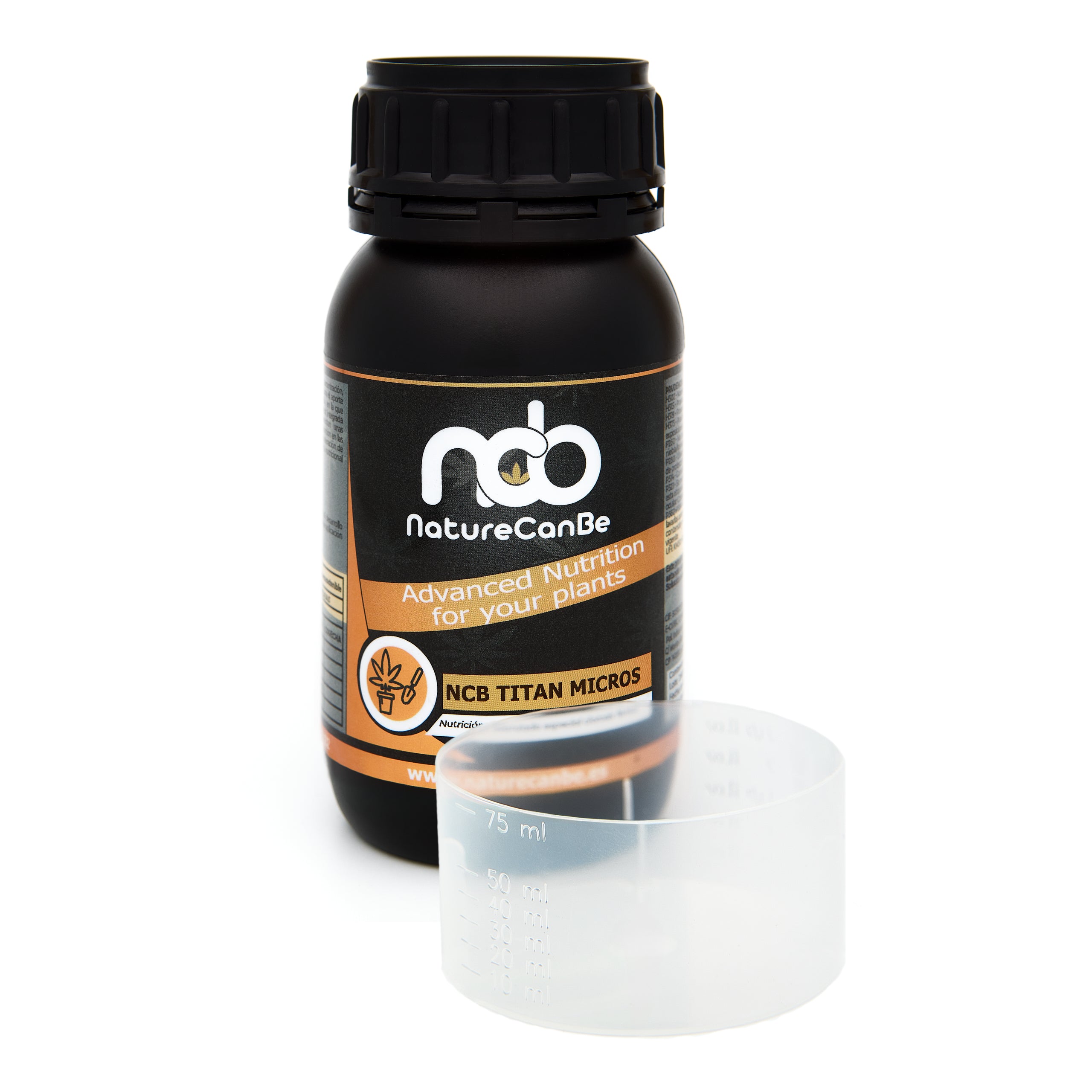 Bote negro de 250 mililitros NCB TITAN MICROS - producto marca NatureCanBe – producto nutricional orgánico – etiqueta anaranjada